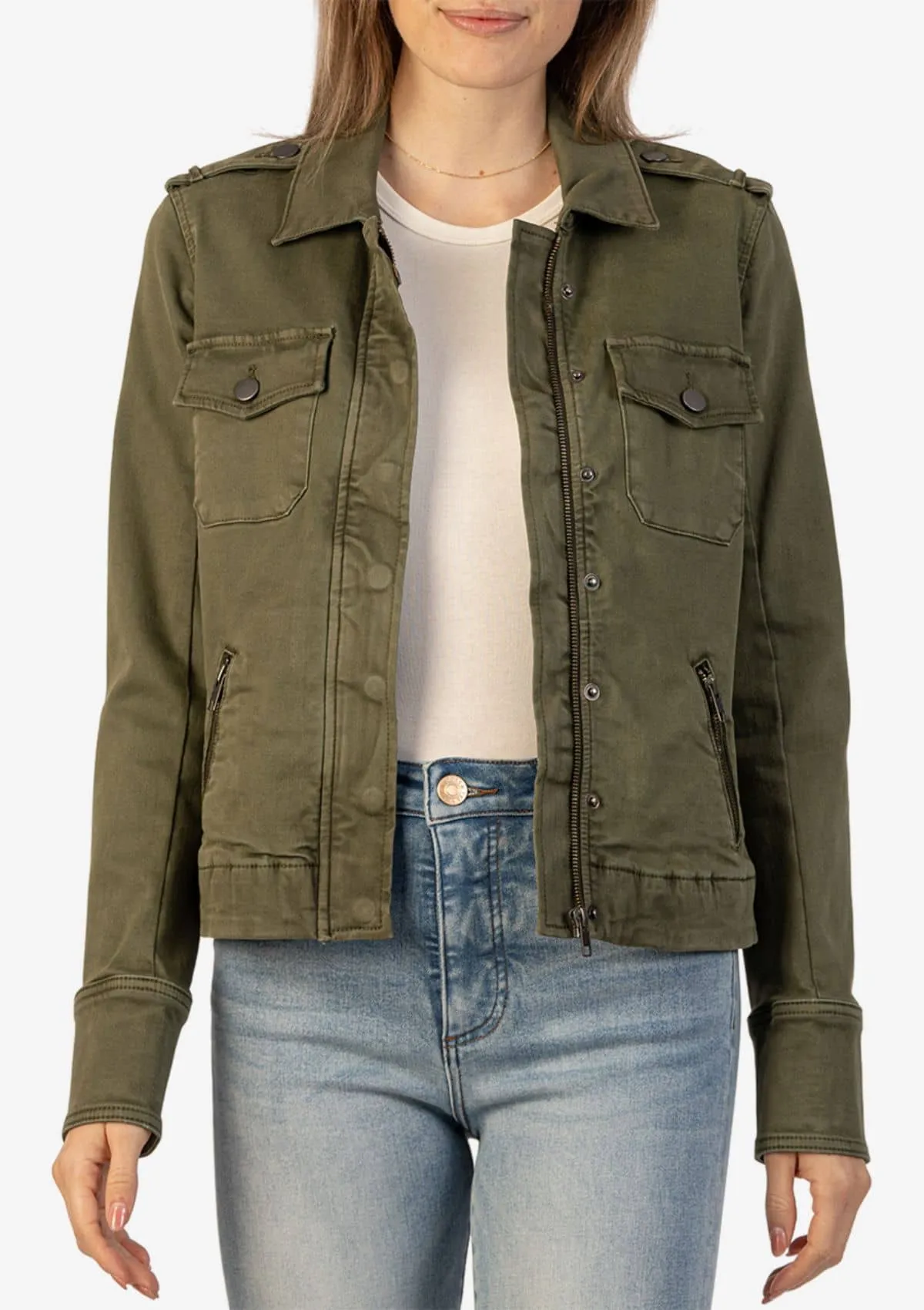 Amanda Boxy Fine Textured Jacket with Front Flap Pockets - Tree