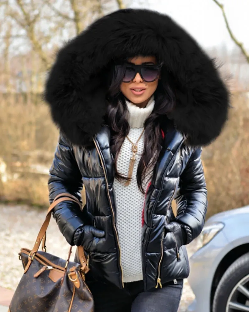 Aofur Womens Winter Puffer Coat Faux Fur Collar Hooded Down Jacket Parka Black Outerwear S-XXXL