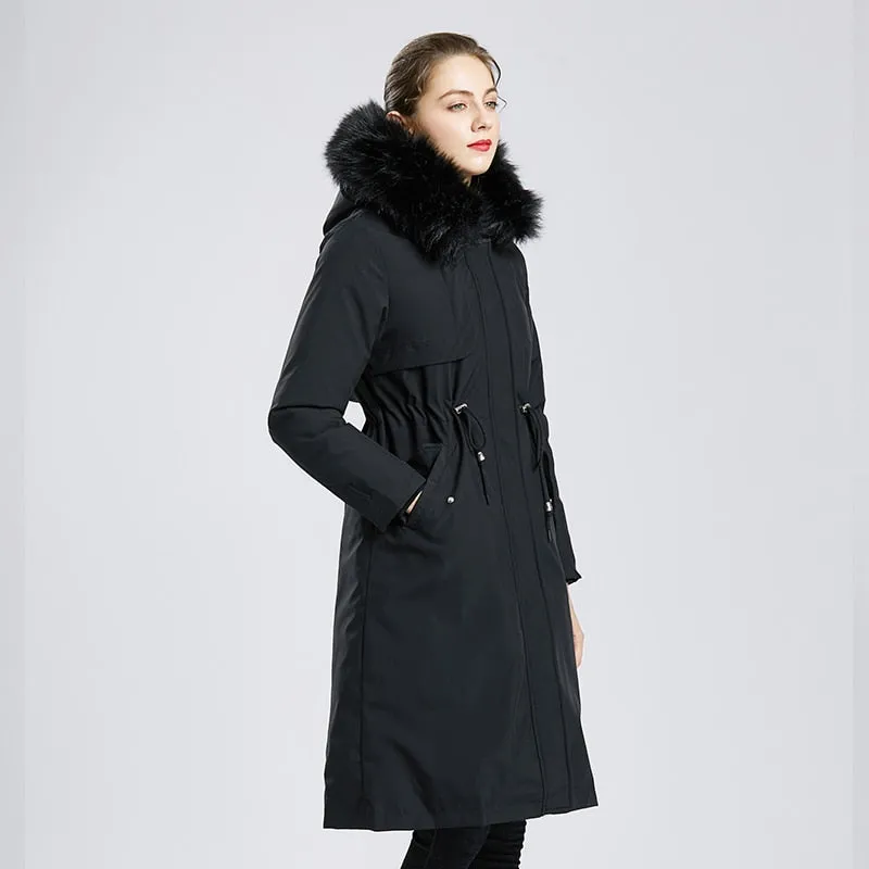 Black Friday Sales New Winter Women Warm Wool Liner Long Coat Thick Hooded Parkas Large Fur Collar Embroidery Jacket Snow Padded Outwear