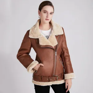 Black Friday Sales New Women Winter Lambs Wool Parkas Fur Collar Zipper Jacket Warm Thick Outerwear Faux Lamb Leather Coat Moto Outwear