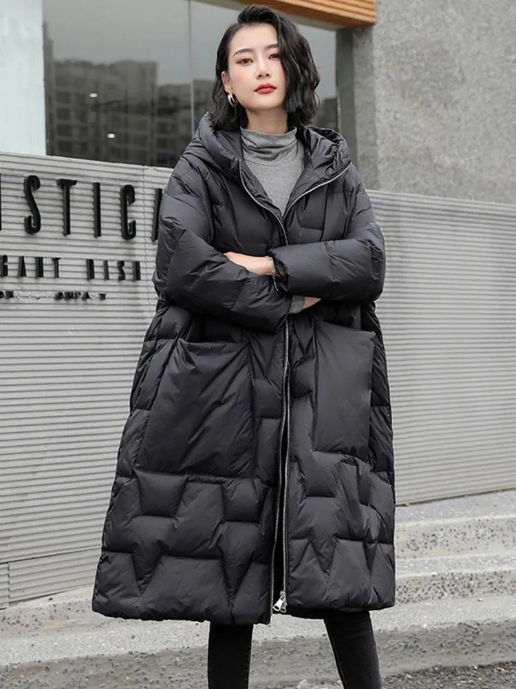 Black Friday Sales Winter Women Hooded Loose Thick Warm 90% White Duck Down Long Parkas Casual Female Zipper Pocket Down Coat Snow Outwear