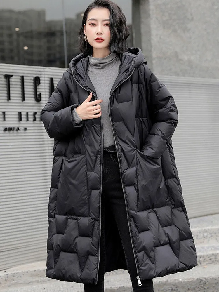 Black Friday Sales Winter Women Hooded Loose Thick Warm 90% White Duck Down Long Parkas Casual Female Zipper Pocket Down Coat Snow Outwear