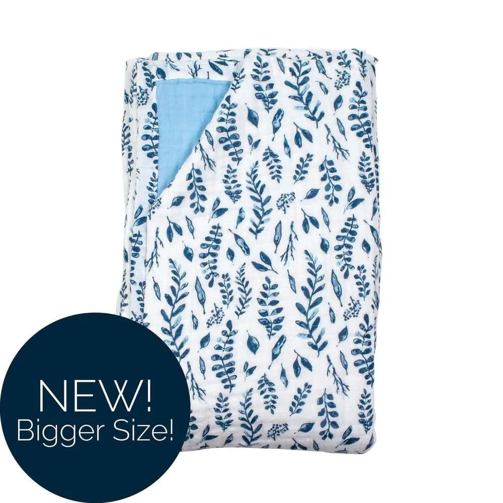 Blue Leaves   Cornflower Classic Muslin Super Snuggle Blanket