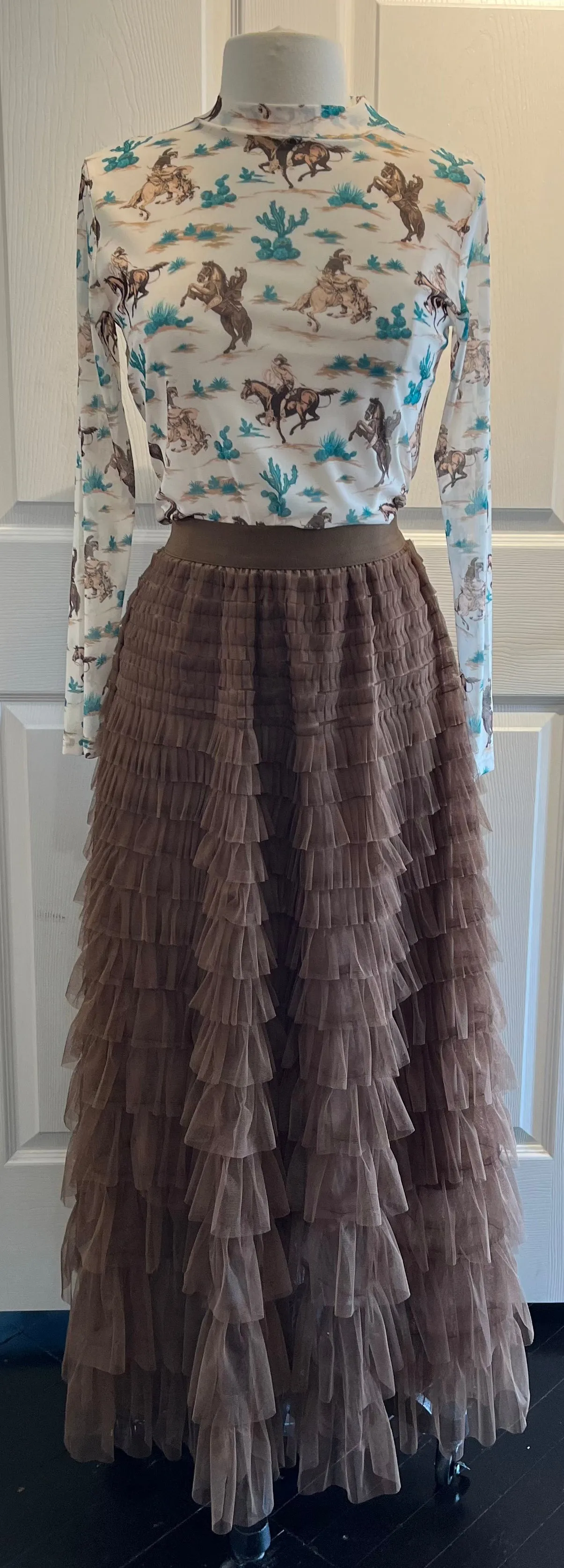 Brown Tiered Ankle Length Tulle Skirt