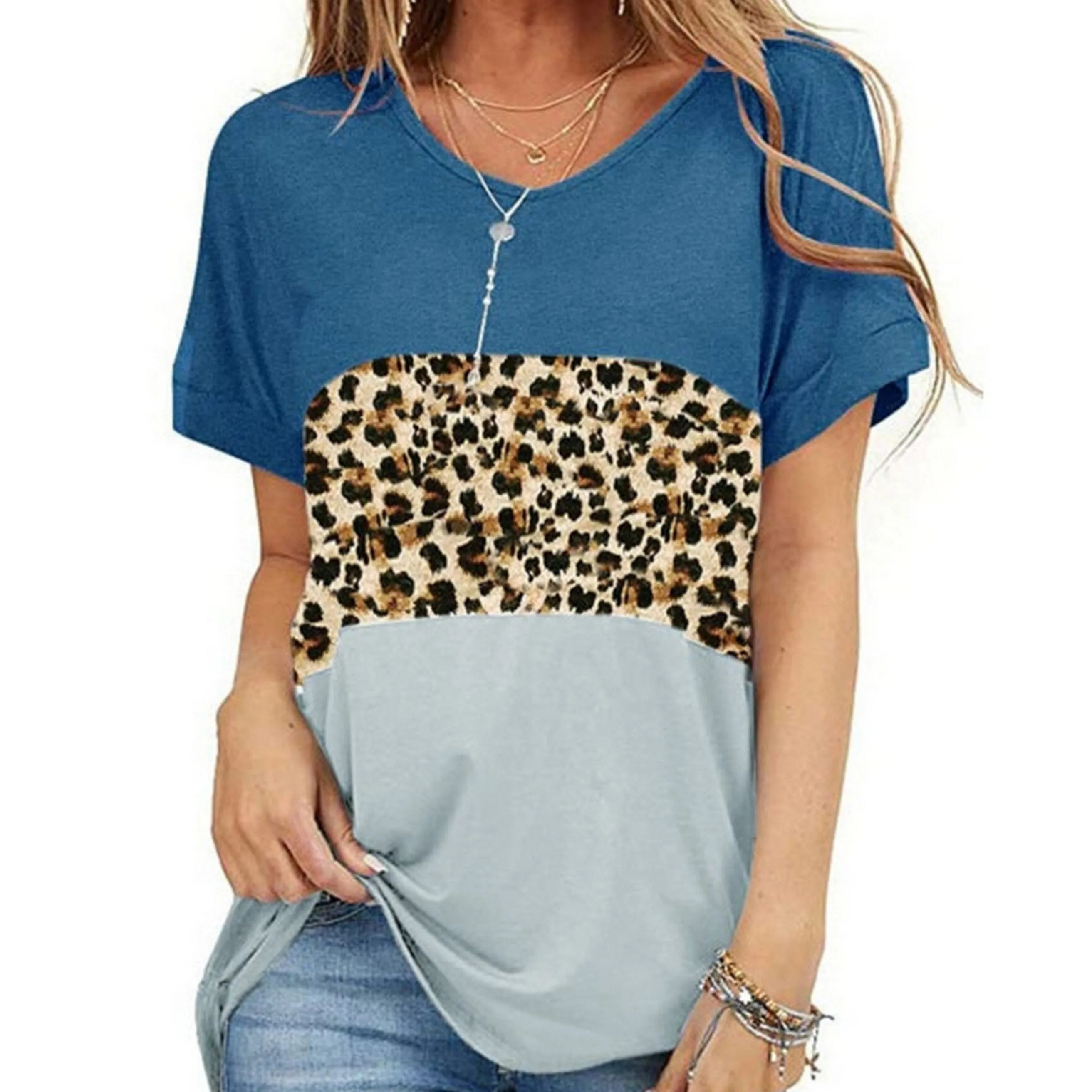 Casual Colorblock Striped Print Crew Neck Short Sleeve Loose Fashion Summer T-shirt