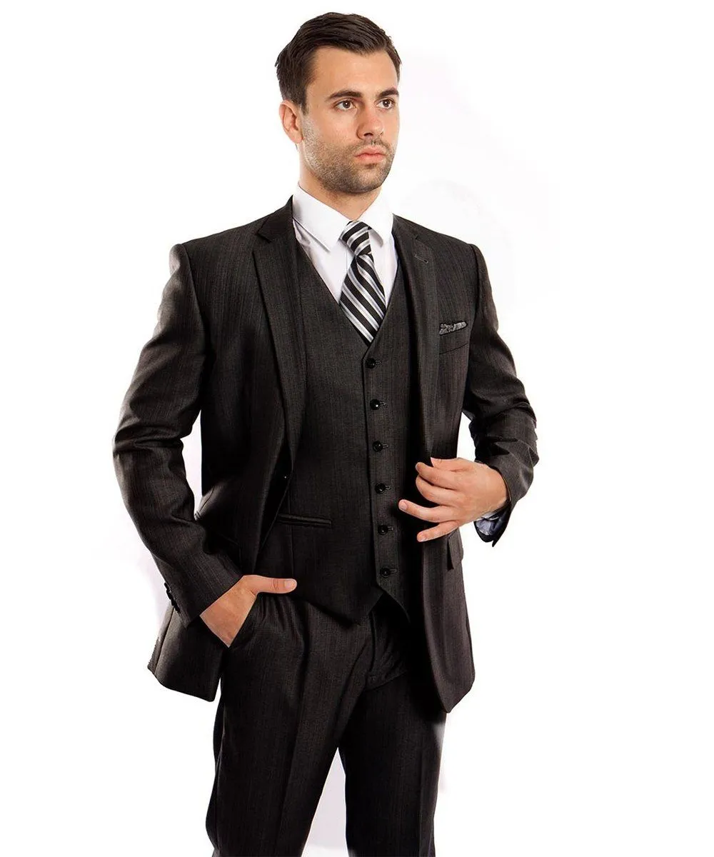 Classic Solid Textured Black Suit with Vest