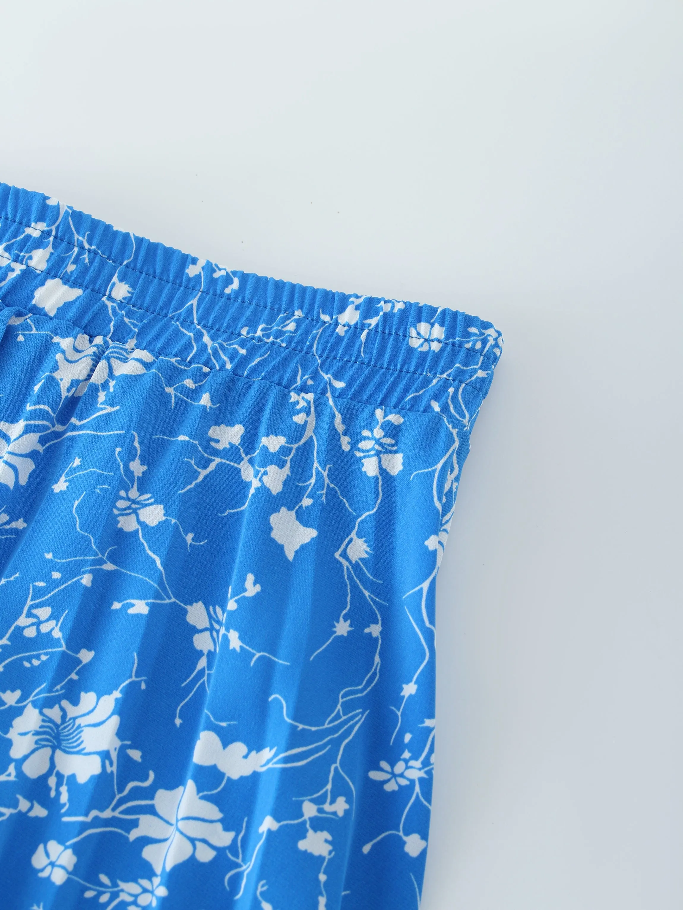 Covered Band Pleated Skirt 37"-Sky Blue Floral