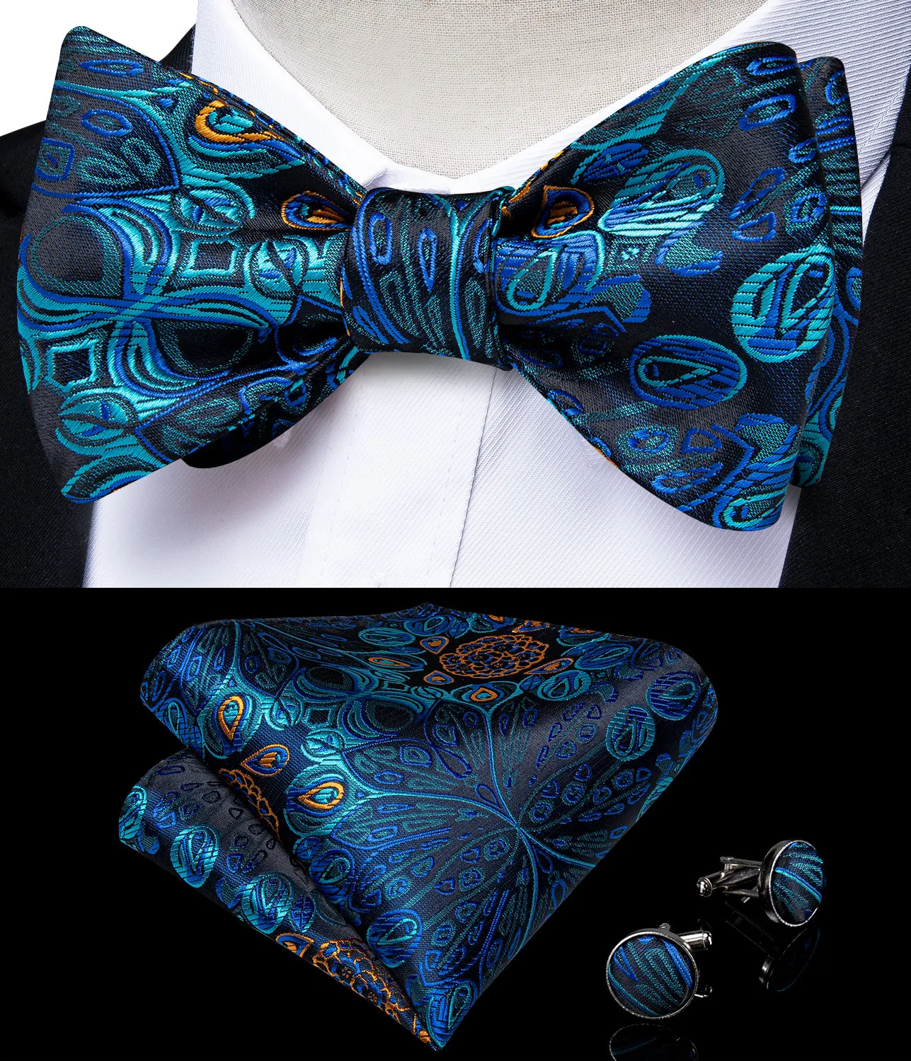 Deep Blue Silk Paisley Self-Bowtie Pocket Square Cufflinks Set