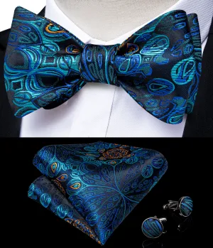 Deep Blue Silk Paisley Self-Bowtie Pocket Square Cufflinks Set