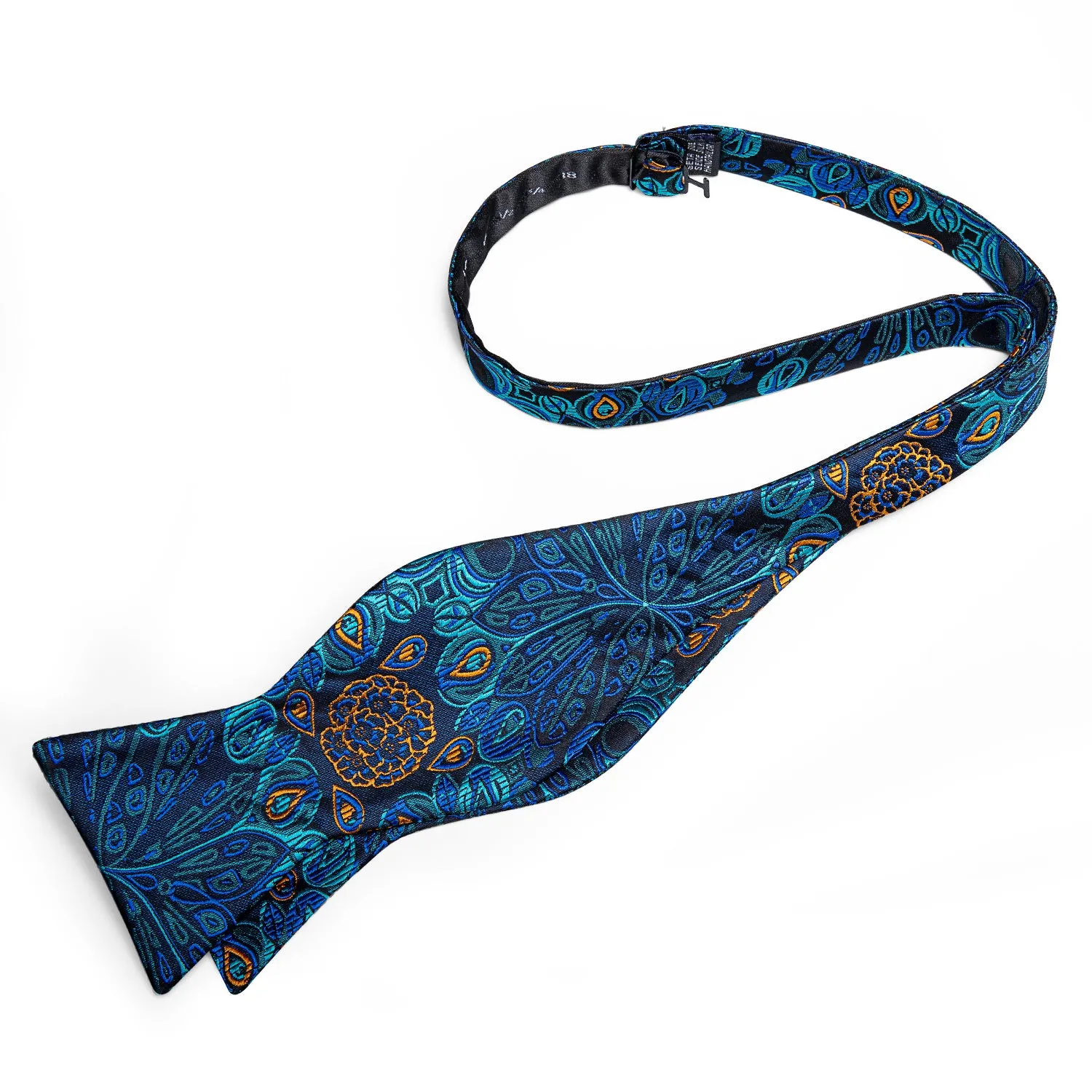 Deep Blue Silk Paisley Self-Bowtie Pocket Square Cufflinks Set