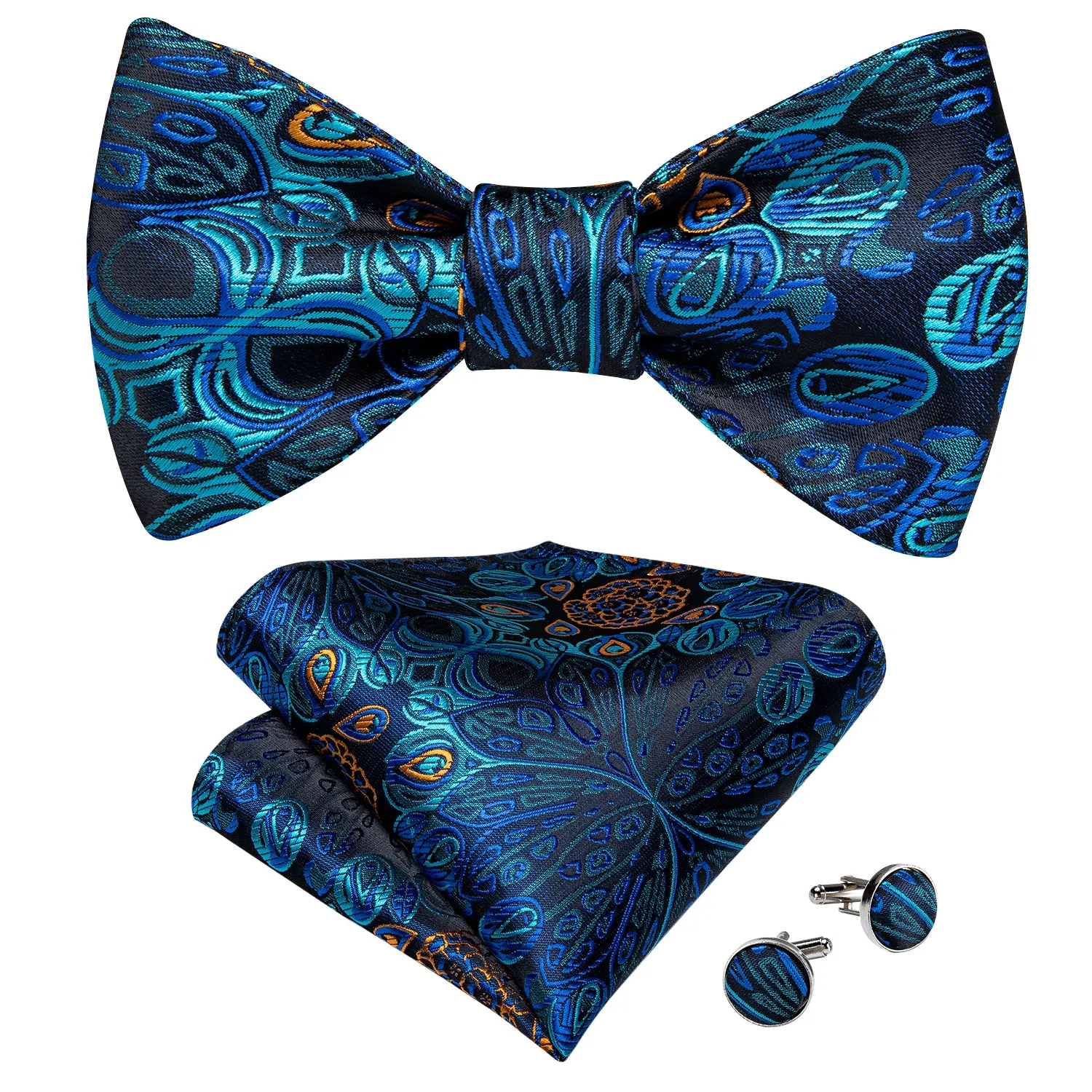 Deep Blue Silk Paisley Self-Bowtie Pocket Square Cufflinks Set