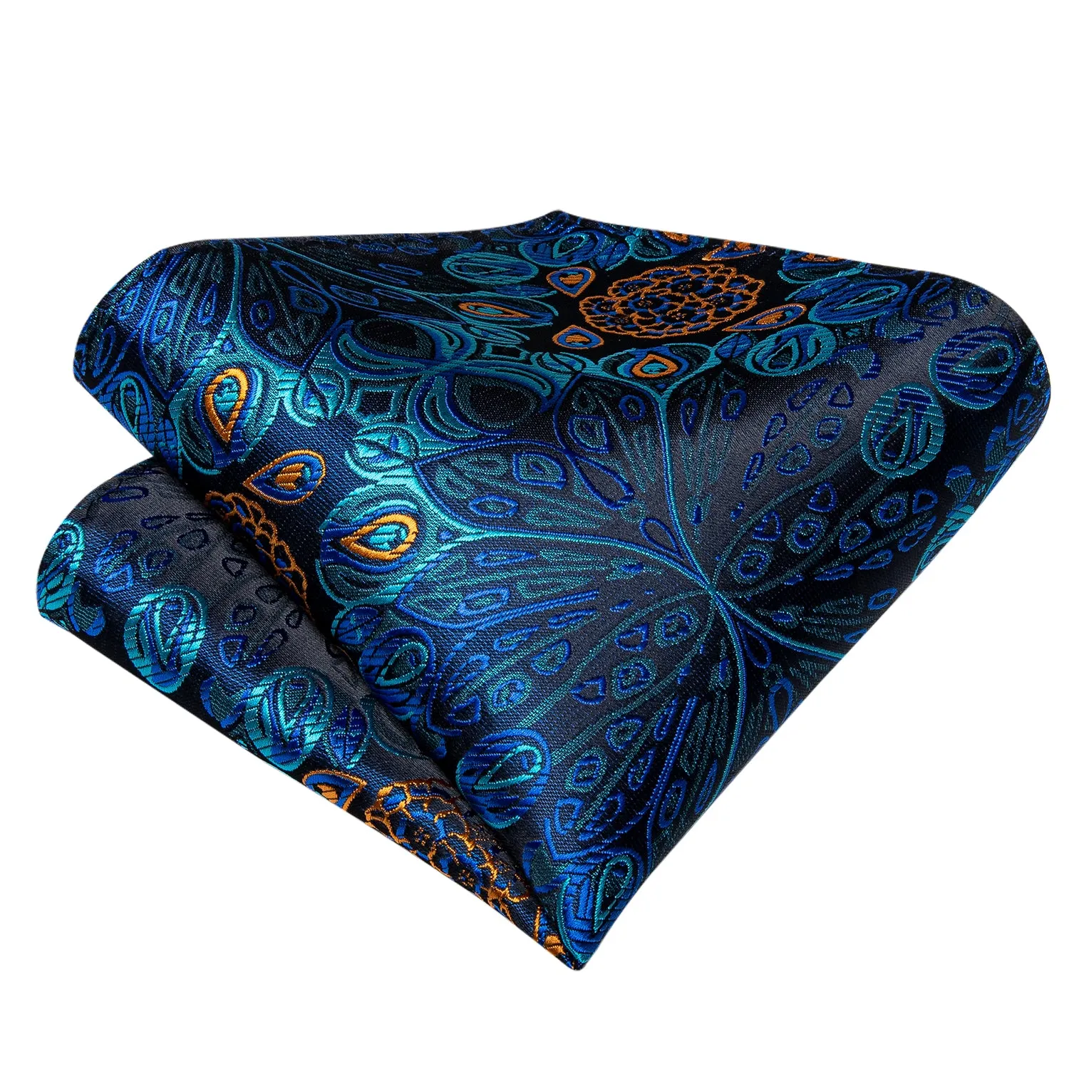 Deep Blue Silk Paisley Self-Bowtie Pocket Square Cufflinks Set