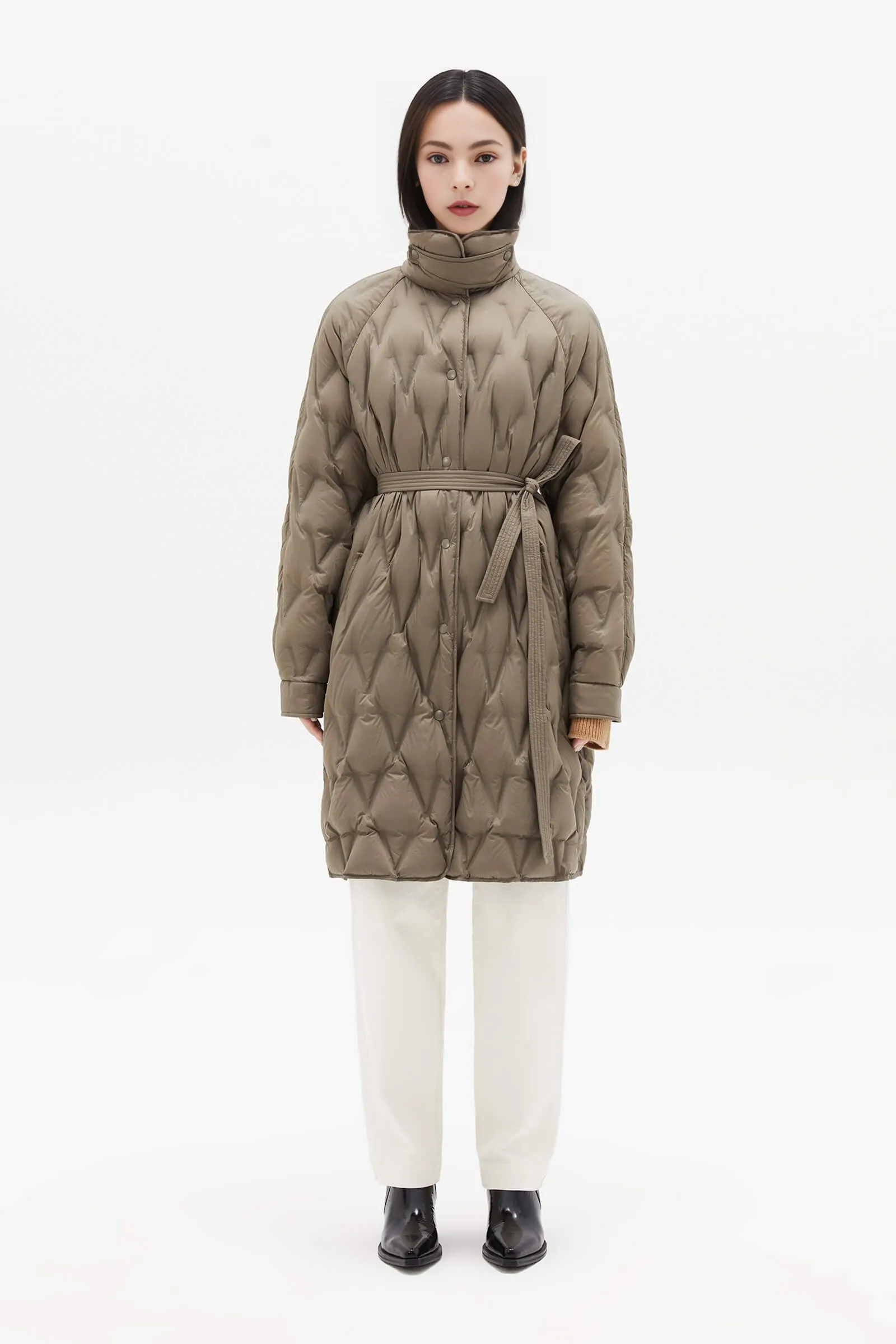 Diamond-Pattern Stand Collar Down Coat