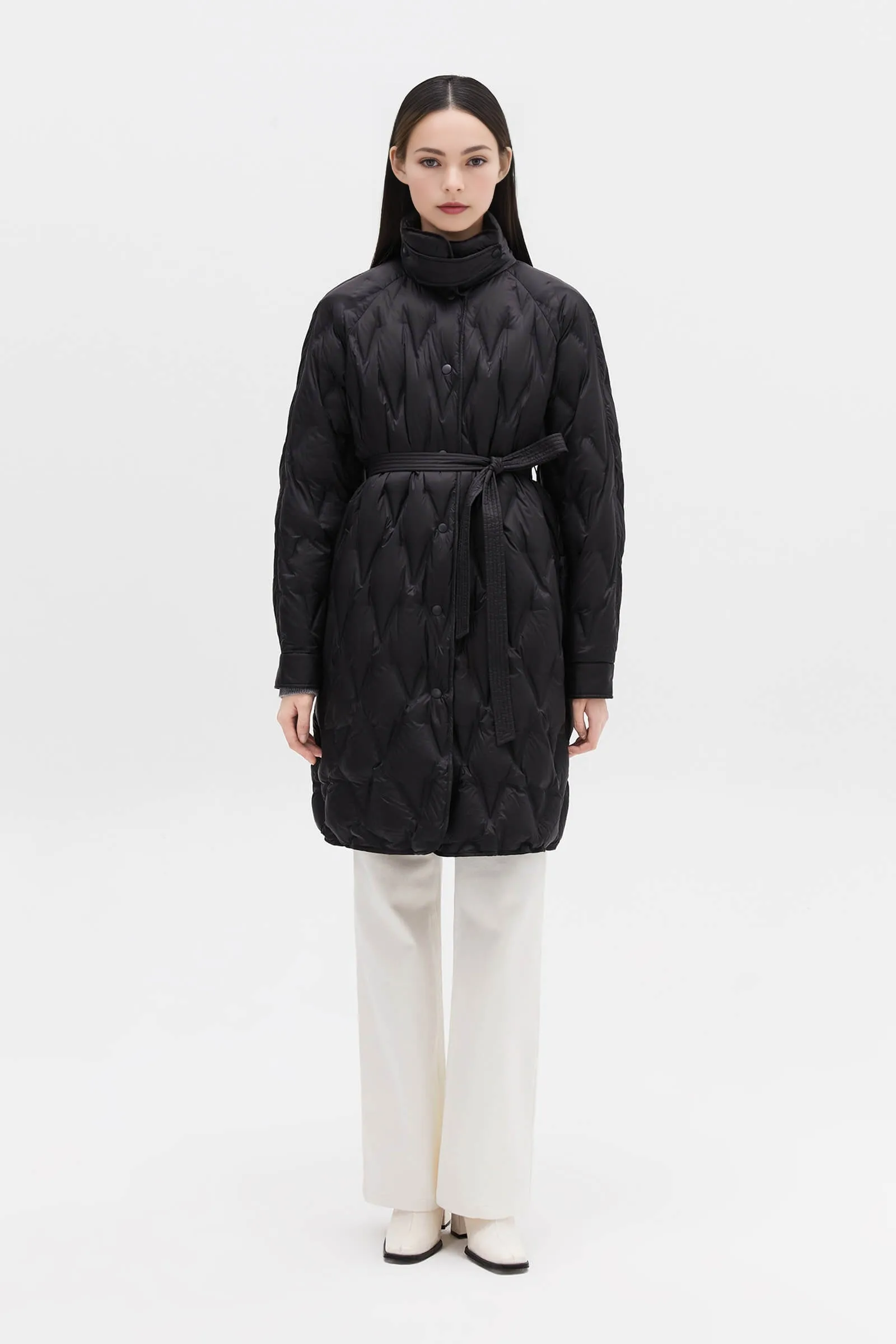 Diamond-Pattern Stand Collar Down Coat