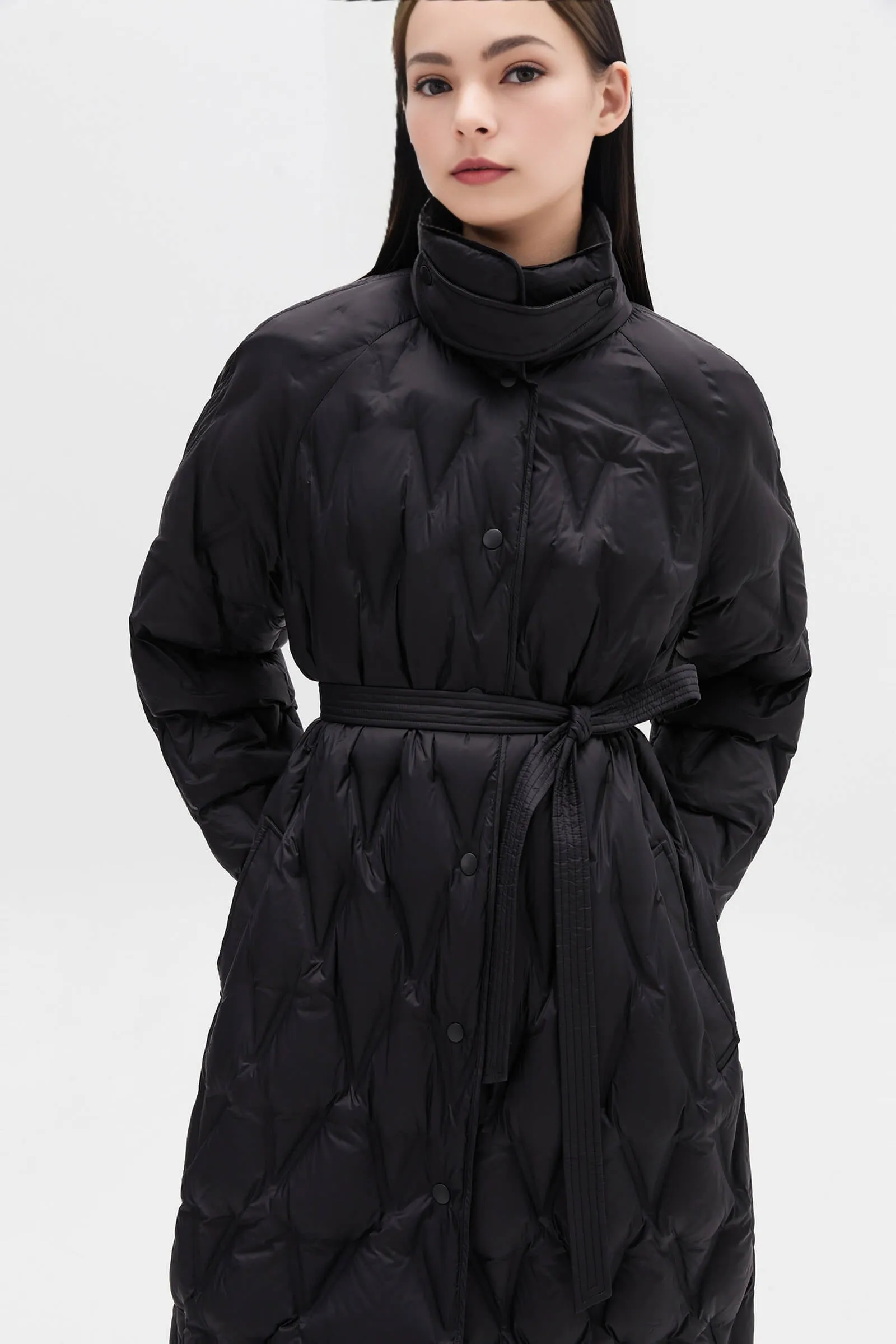 Diamond-Pattern Stand Collar Down Coat