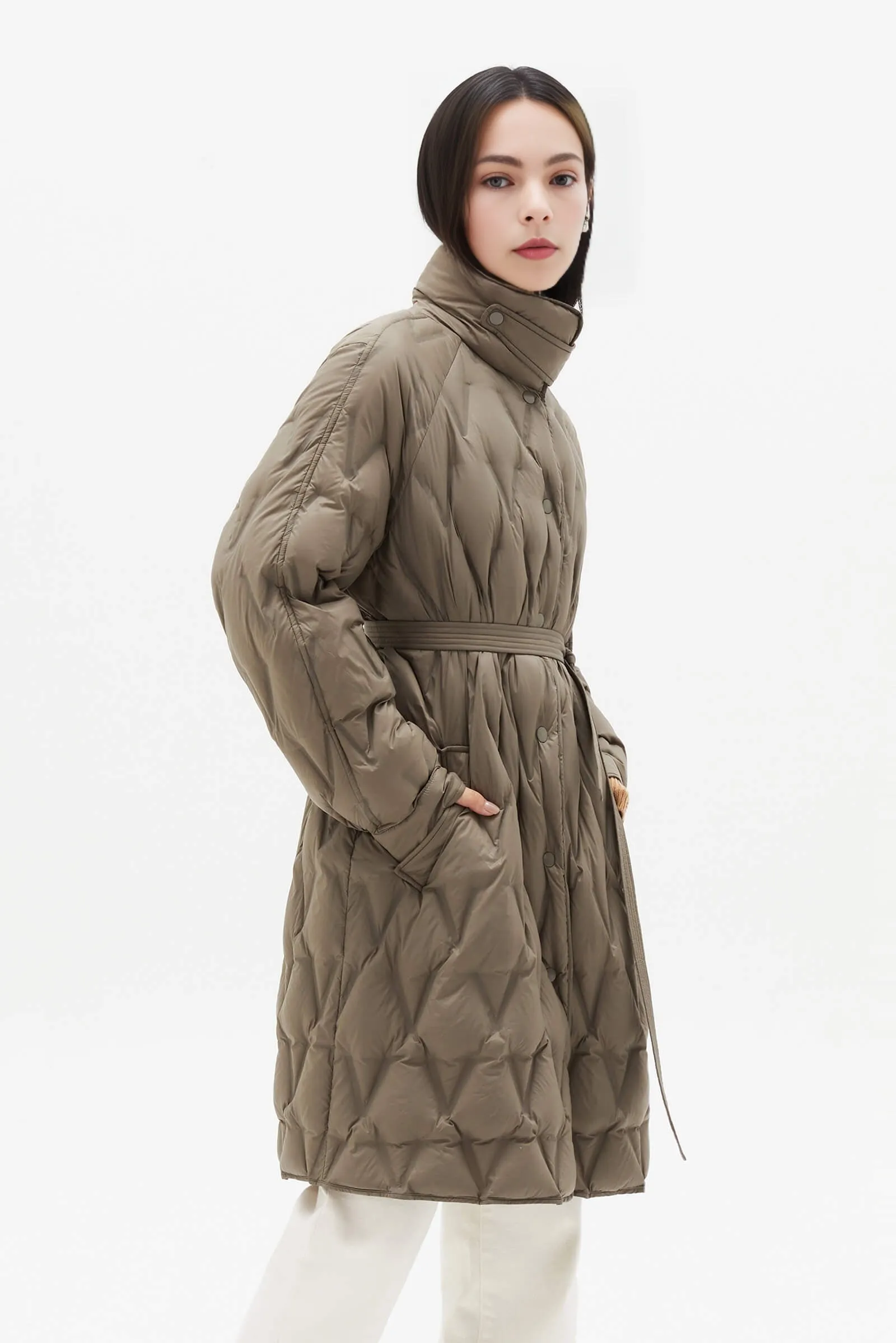 Diamond-Pattern Stand Collar Down Coat