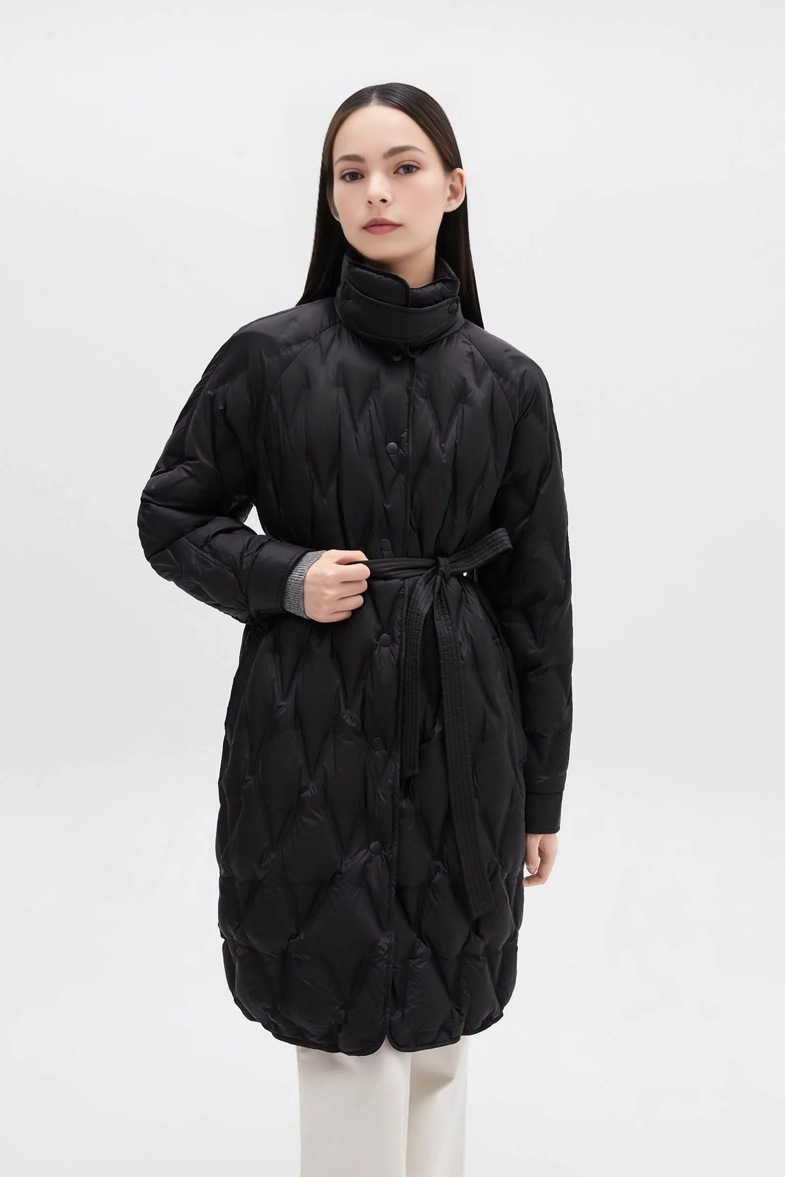 Diamond-Pattern Stand Collar Down Coat