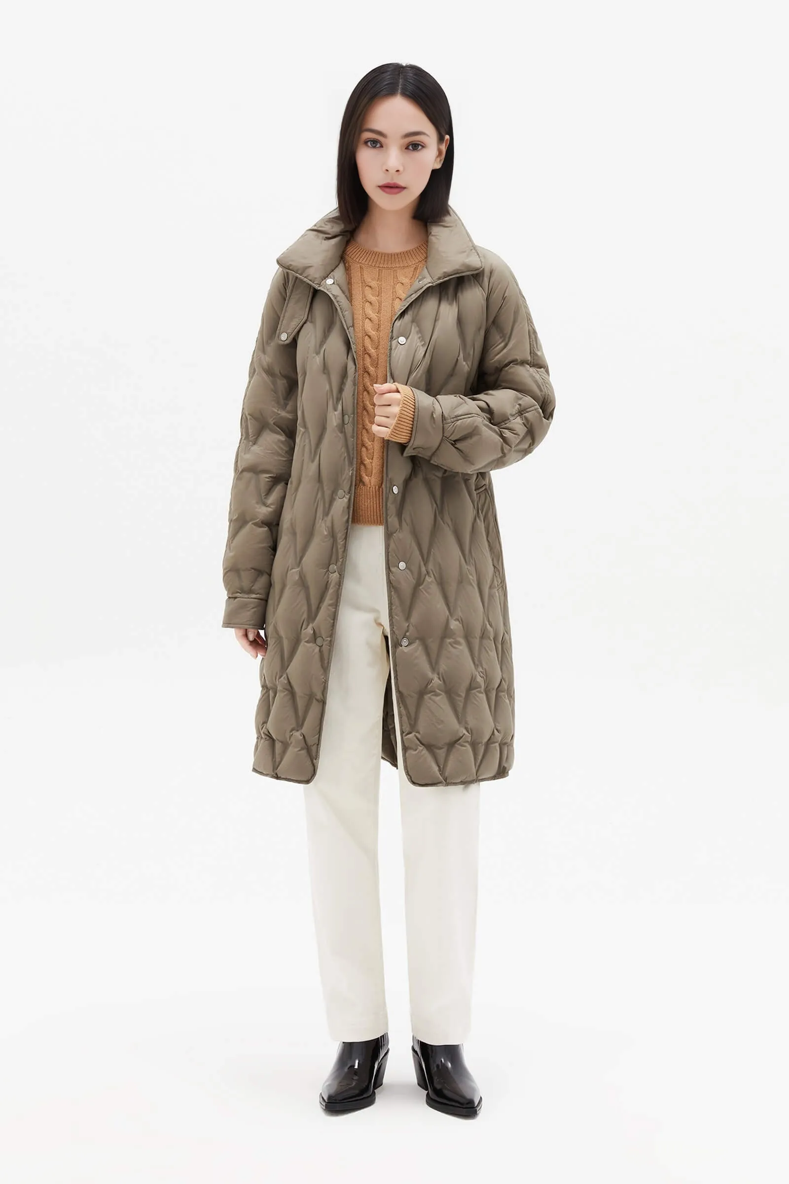 Diamond-Pattern Stand Collar Down Coat