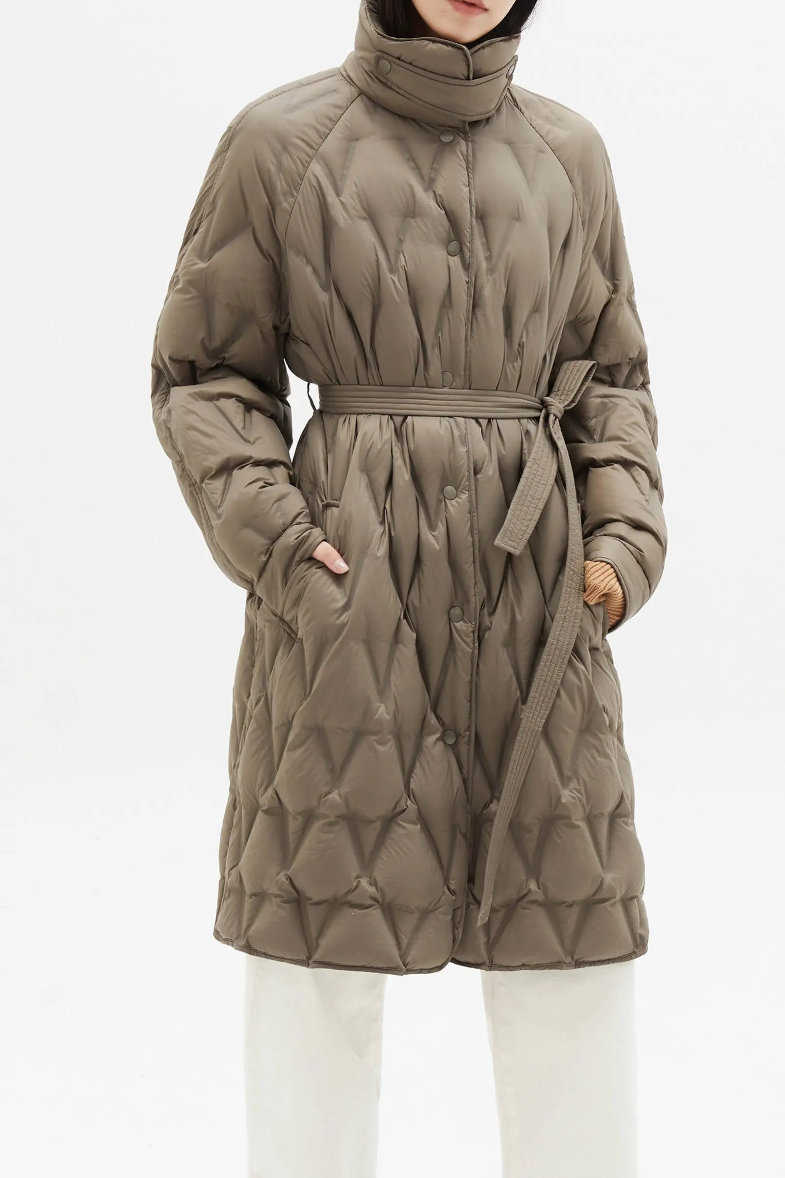 Diamond-Pattern Stand Collar Down Coat