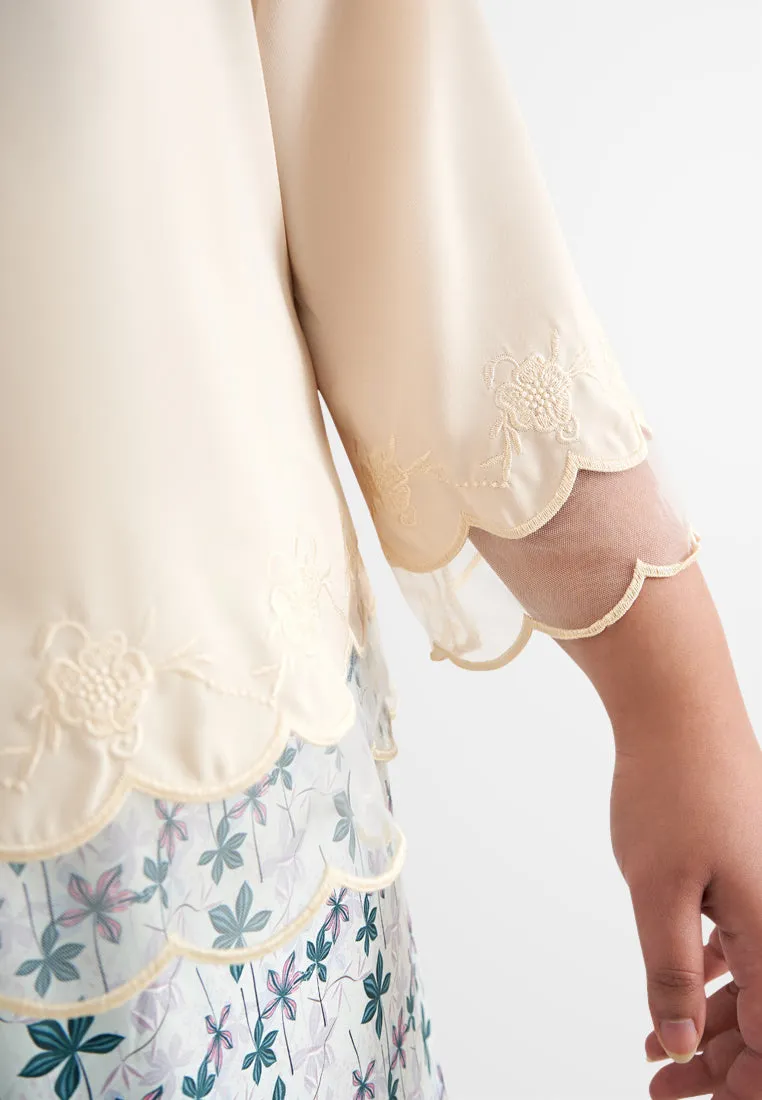 Ellah Petite Plus Short Embroidery Kurung Top - Light Cream