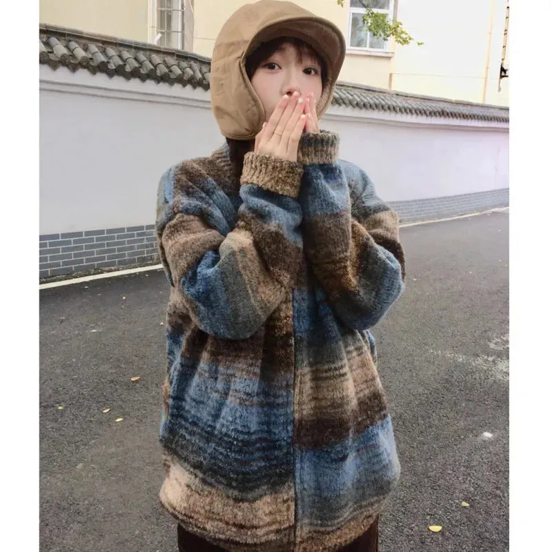 Fashionkova Vintage Gradient Striped Sweater Knit Cardigan Women Autumn Winter High Grade Zipper Long Sleeve Loose Slimming Coats Outerwear