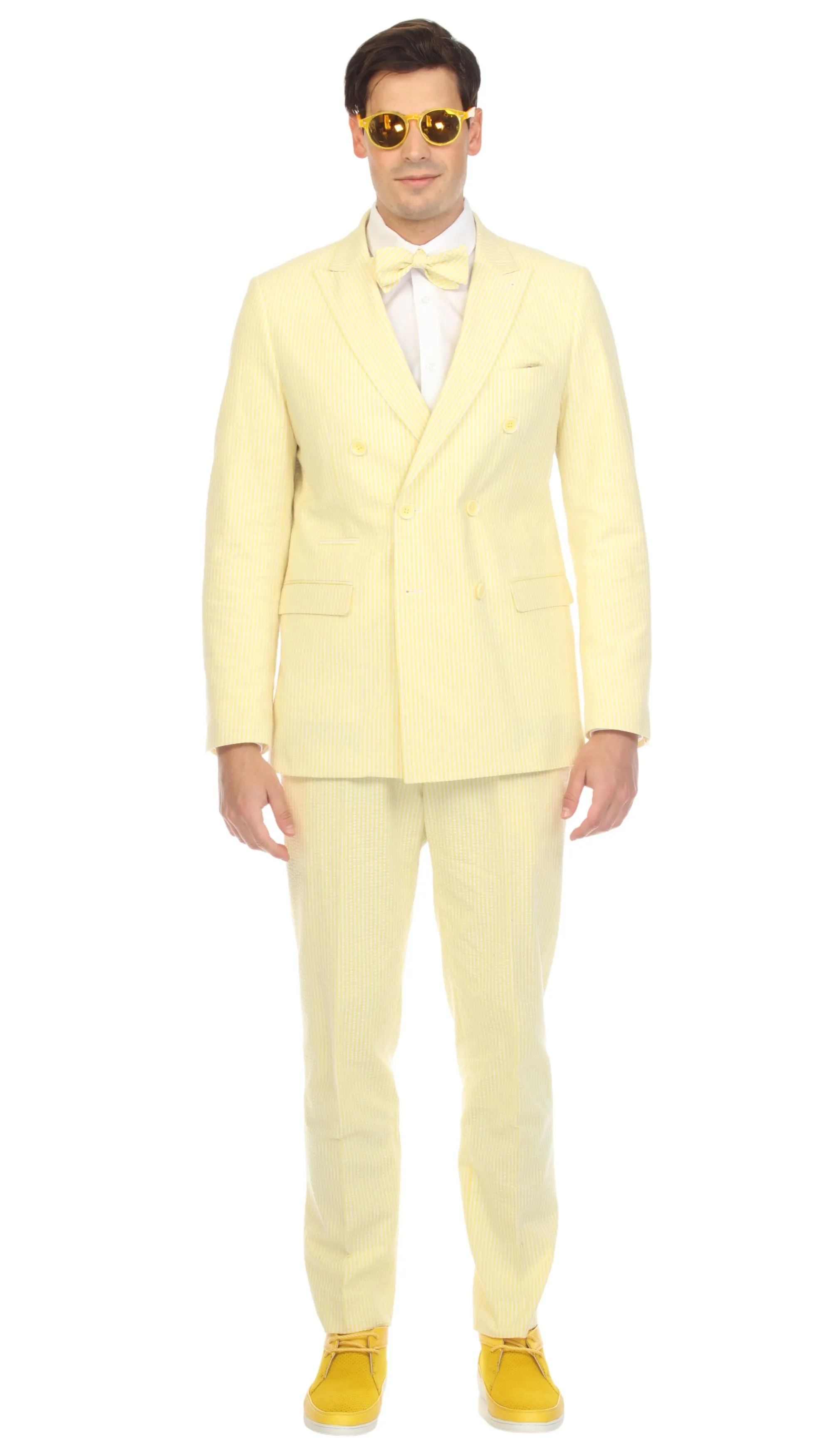 Ferrecci Cotton Slim fit Yellow Double Breasted Peak Lapel 6 Button Seersucker Suit With Ticket Pocket( Vest Optional )