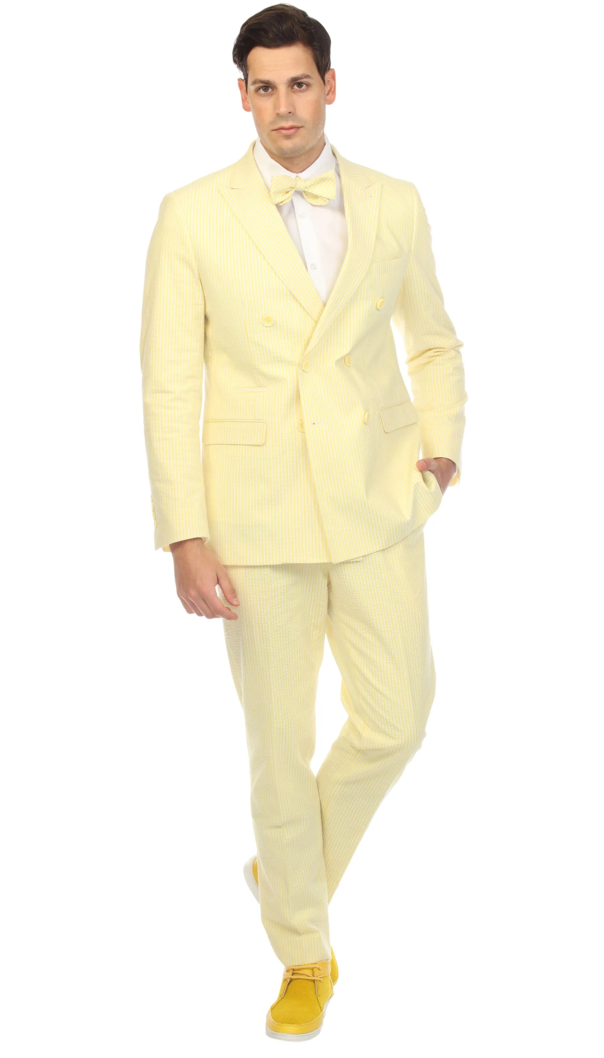 Ferrecci Cotton Slim fit Yellow Double Breasted Peak Lapel 6 Button Seersucker Suit With Ticket Pocket( Vest Optional )