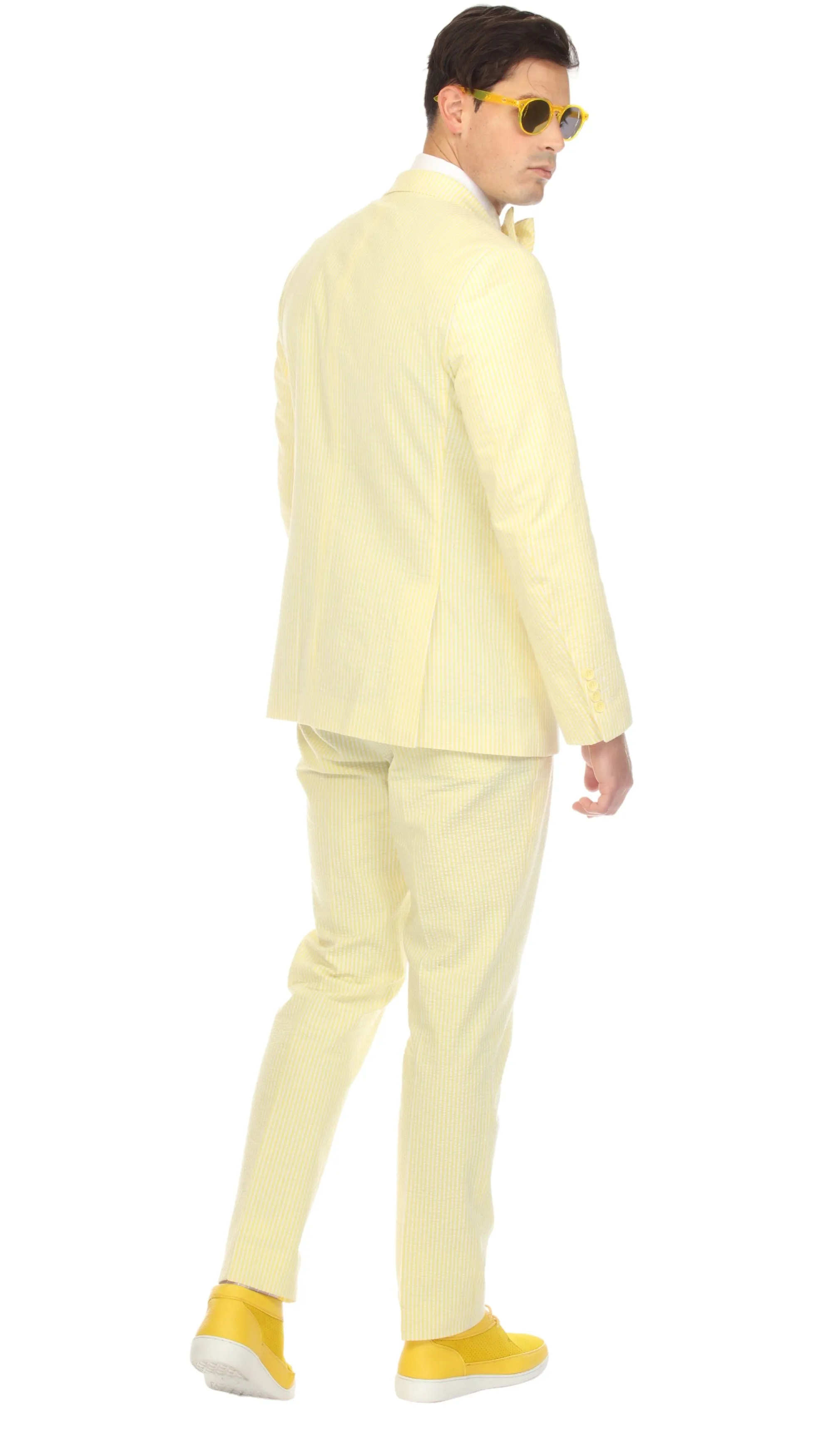 Ferrecci Cotton Slim fit Yellow Double Breasted Peak Lapel 6 Button Seersucker Suit With Ticket Pocket( Vest Optional )