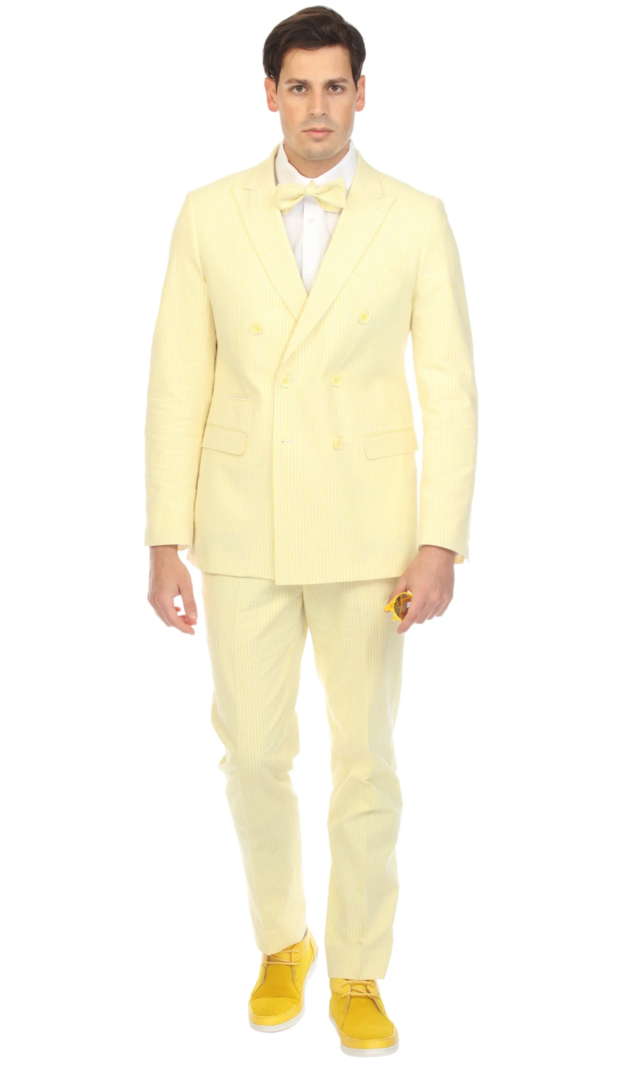 Ferrecci Cotton Slim fit Yellow Double Breasted Peak Lapel 6 Button Seersucker Suit With Ticket Pocket( Vest Optional )