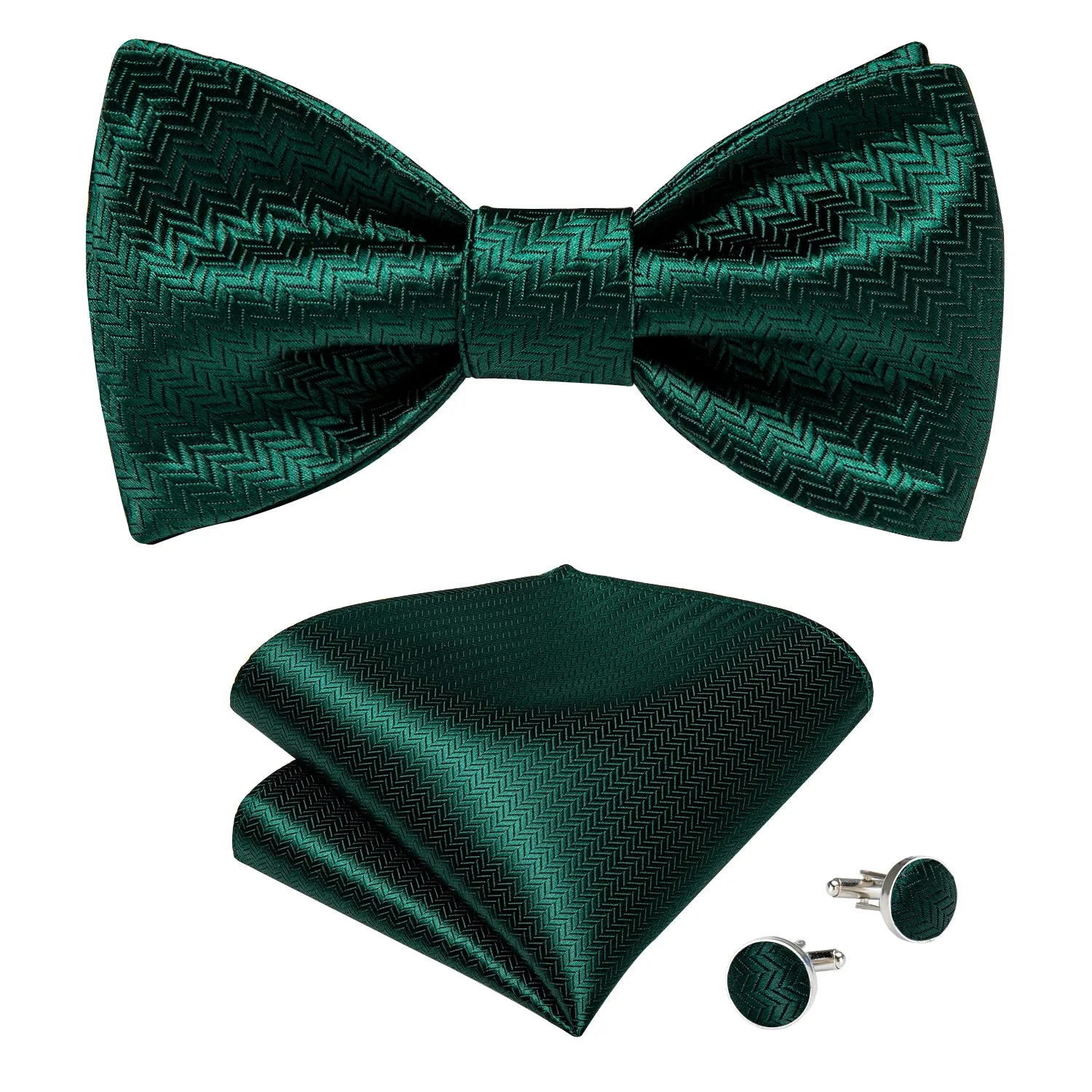 Green Geometric Self-Bowtie Pocket Square Cufflinks Set