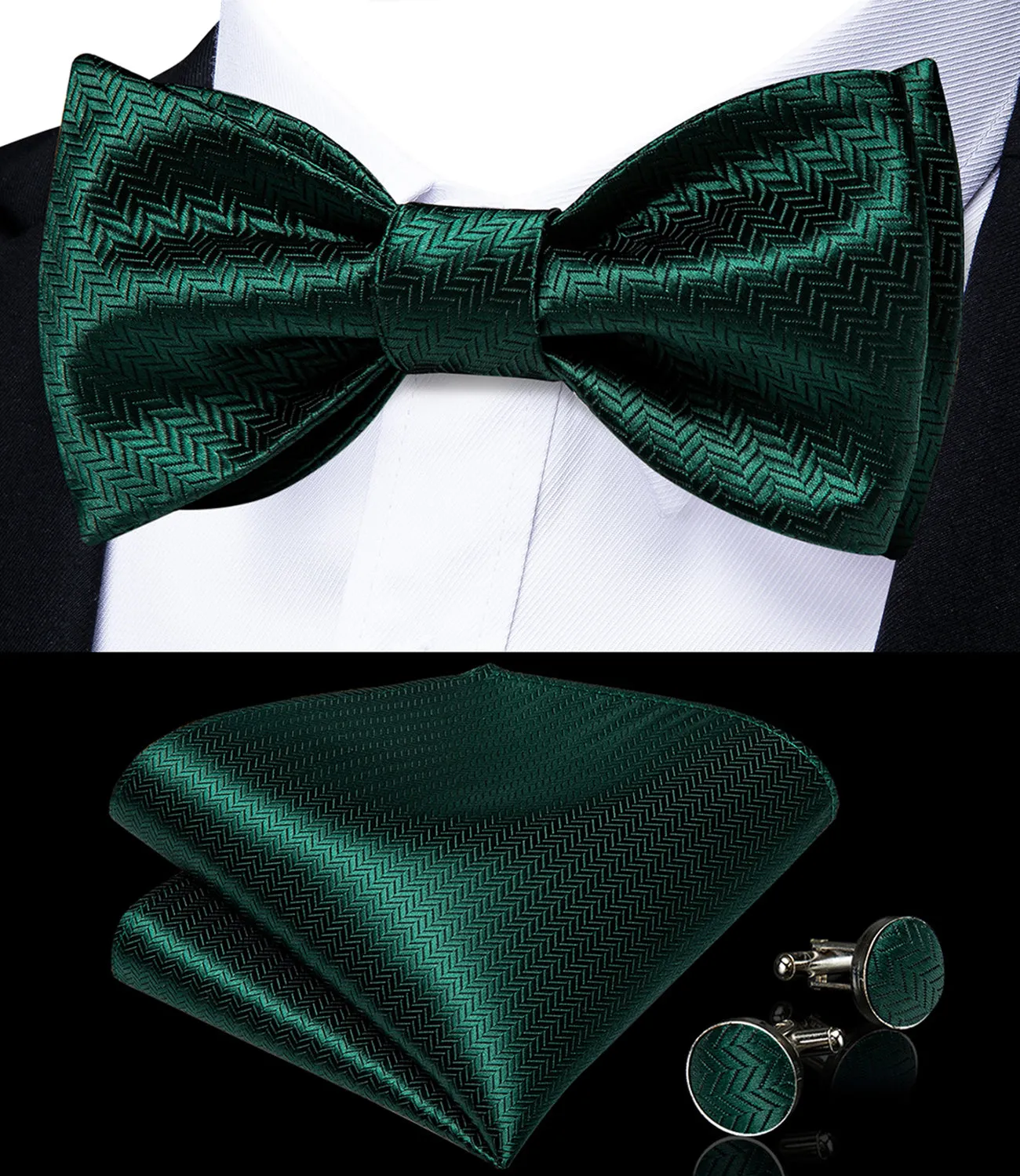 Green Geometric Self-Bowtie Pocket Square Cufflinks Set