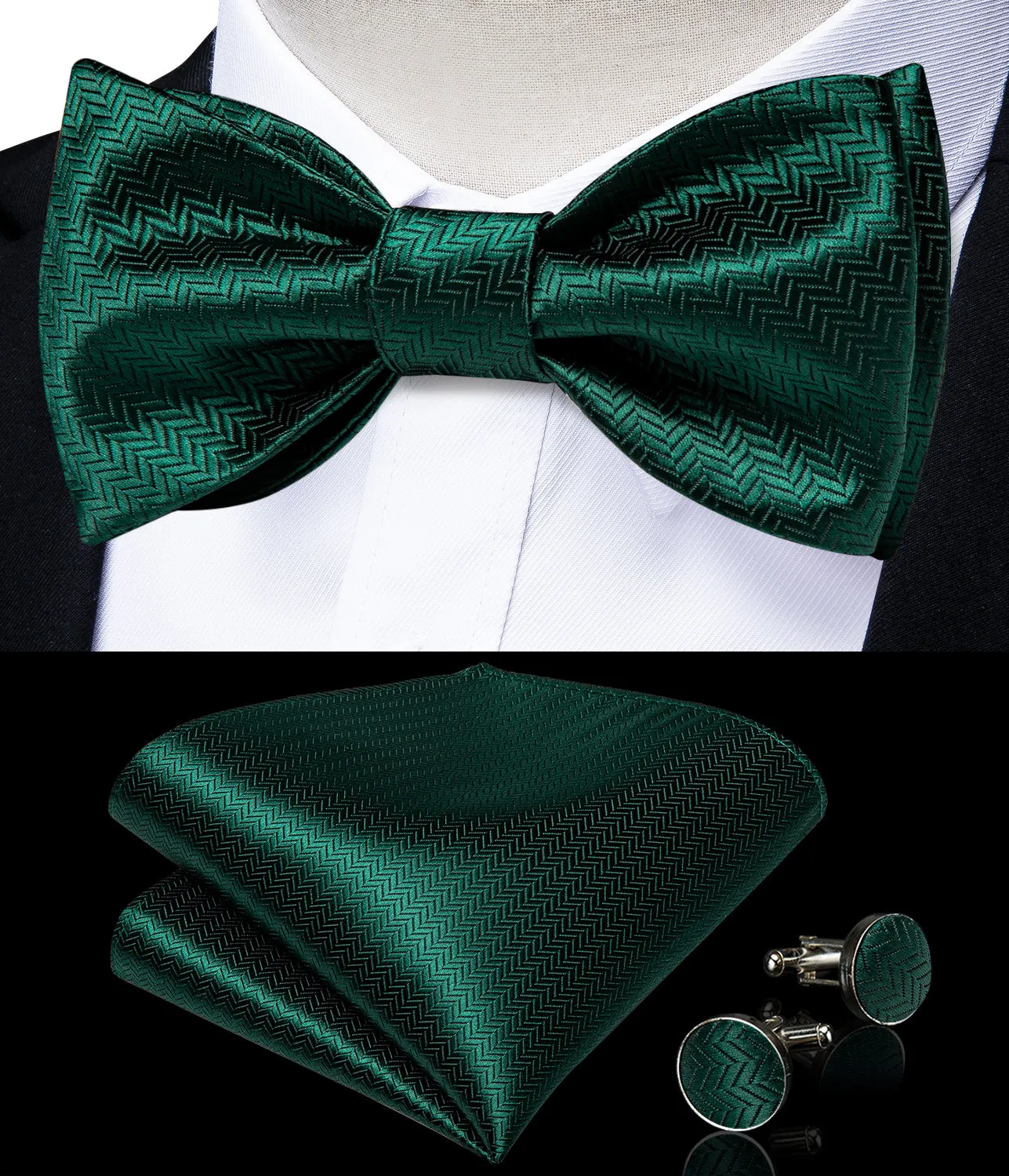 Green Geometric Self-Bowtie Pocket Square Cufflinks Set