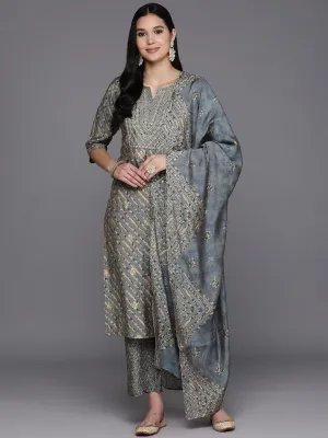 Grey Yoke Design Silk Blend Straight Kurta With Trousers & Dupatta