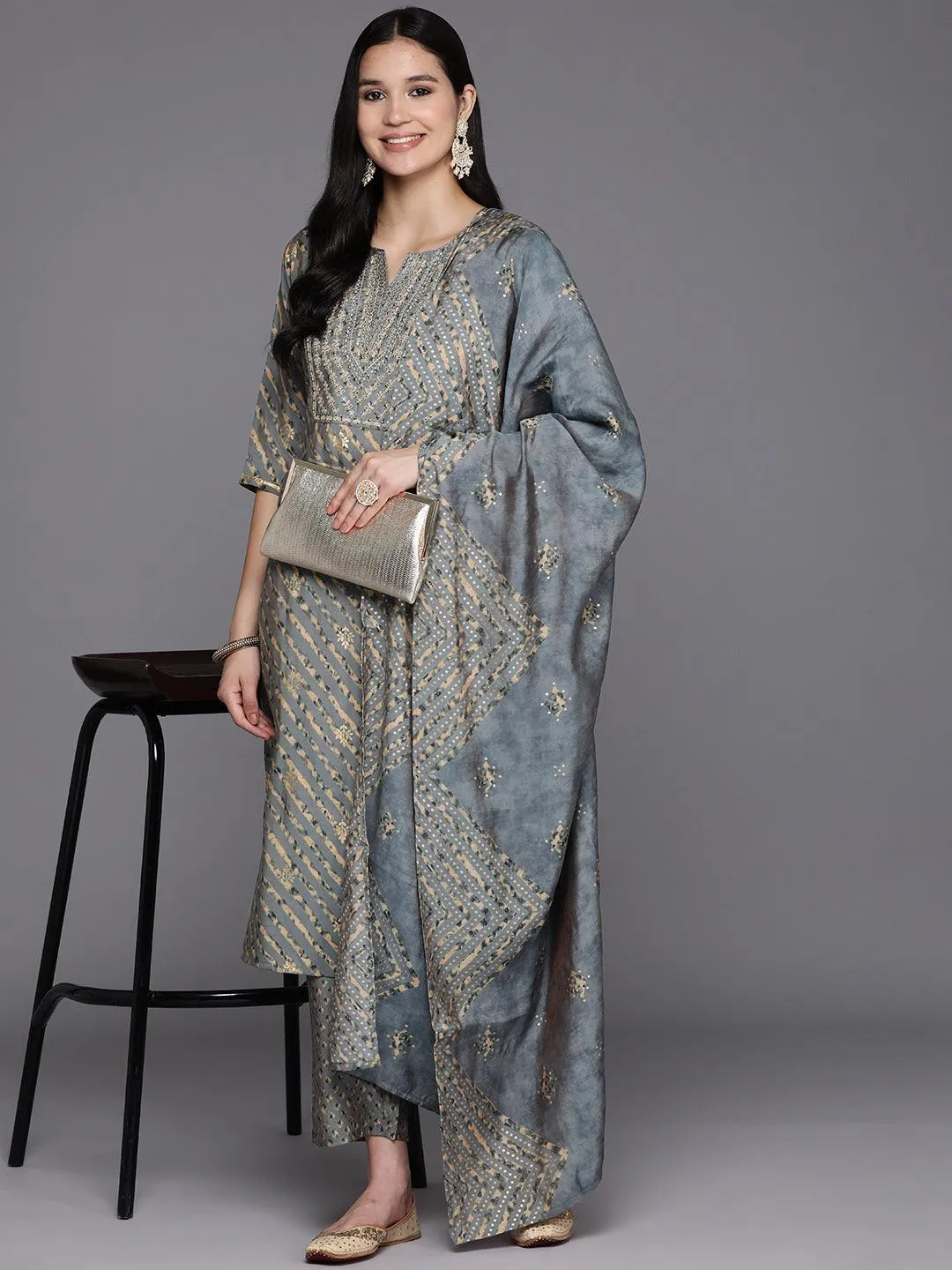 Grey Yoke Design Silk Blend Straight Kurta With Trousers & Dupatta