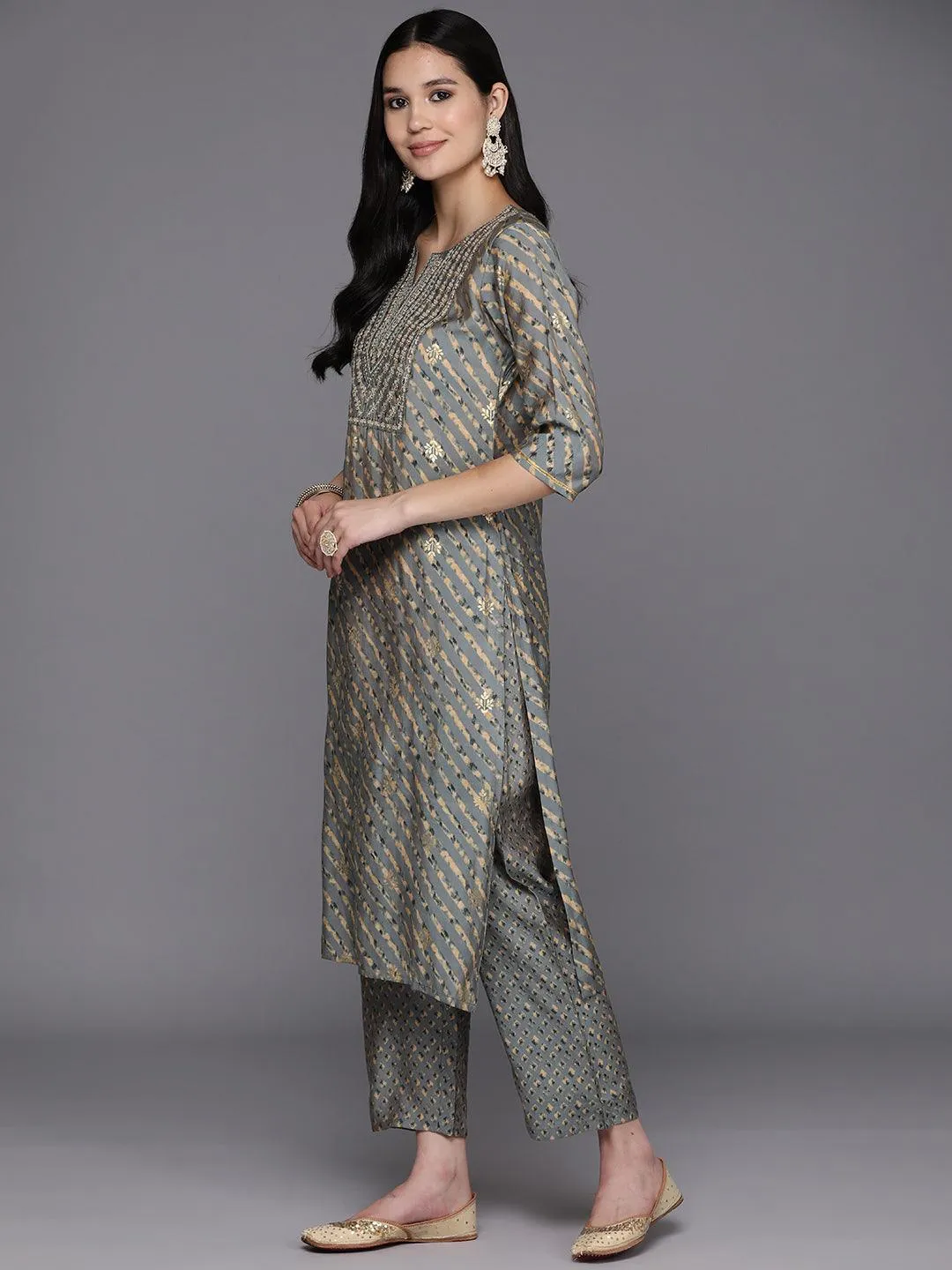 Grey Yoke Design Silk Blend Straight Kurta With Trousers & Dupatta