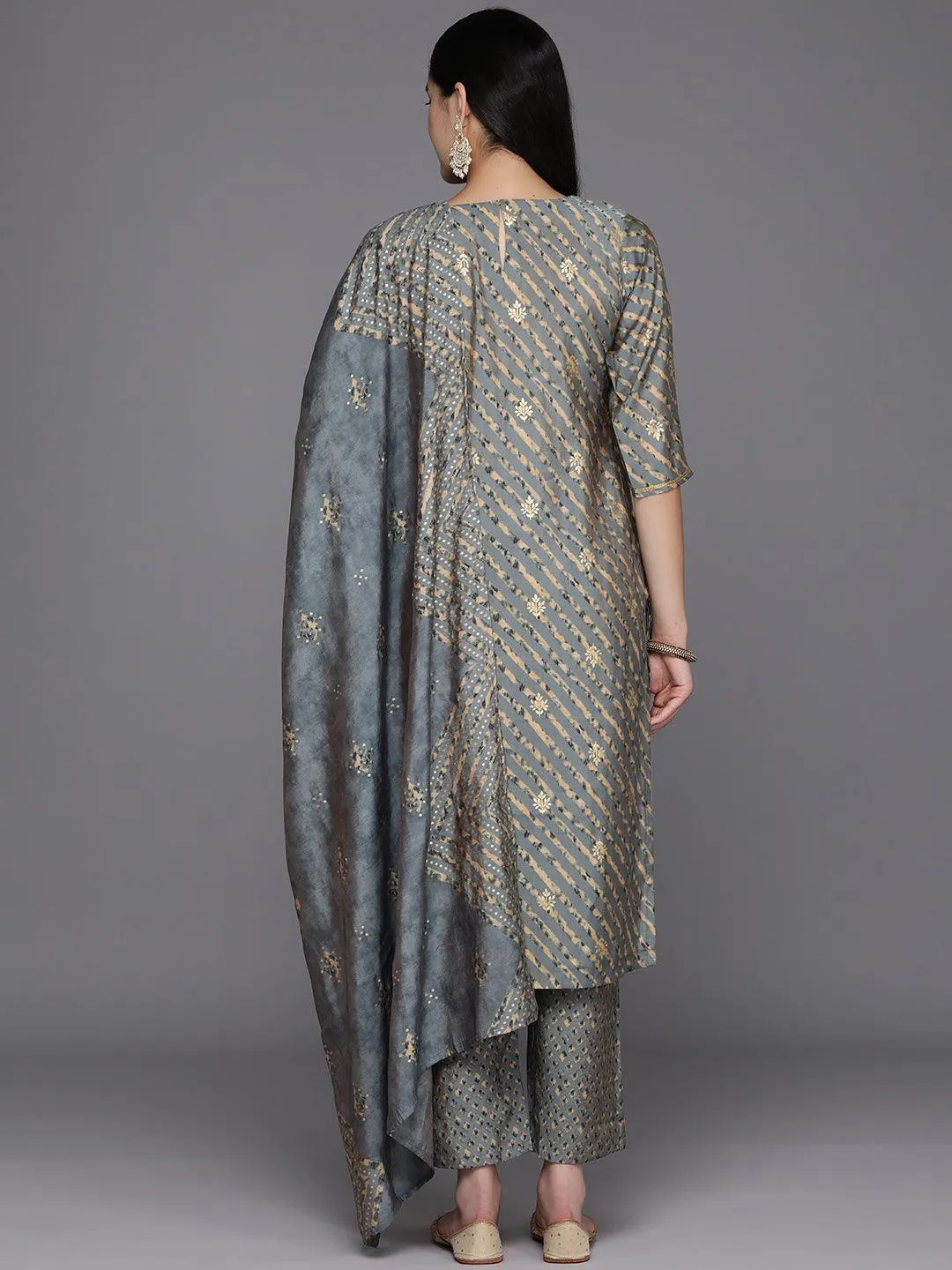 Grey Yoke Design Silk Blend Straight Kurta With Trousers & Dupatta