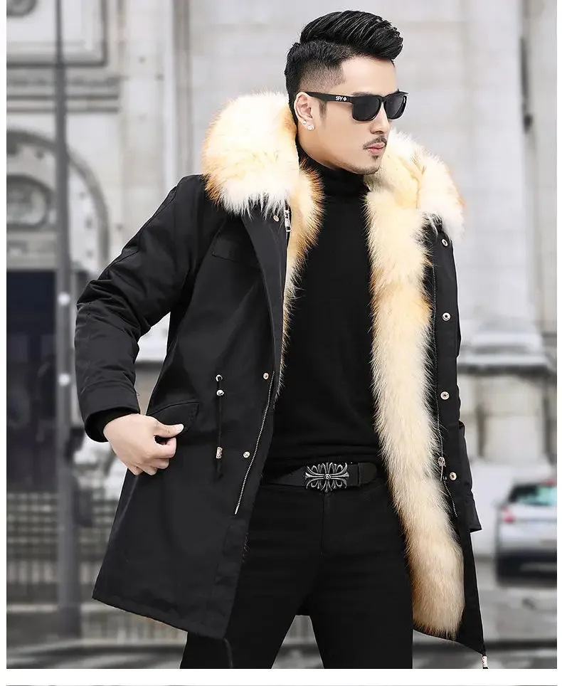 HANZANGL Men's Fur Coat 2022 Winter High Quality Fashion With Fur Hooded Lined Thick Warm Parkas Outerwear Mid-length With Long