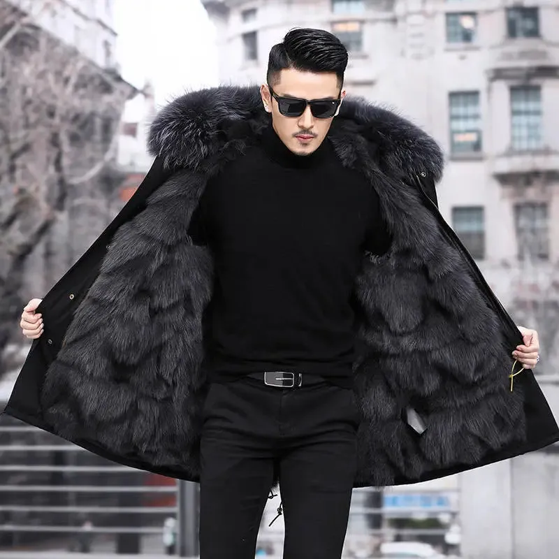 HANZANGL Men's Fur Coat 2022 Winter High Quality Fashion With Fur Hooded Lined Thick Warm Parkas Outerwear Mid-length With Long