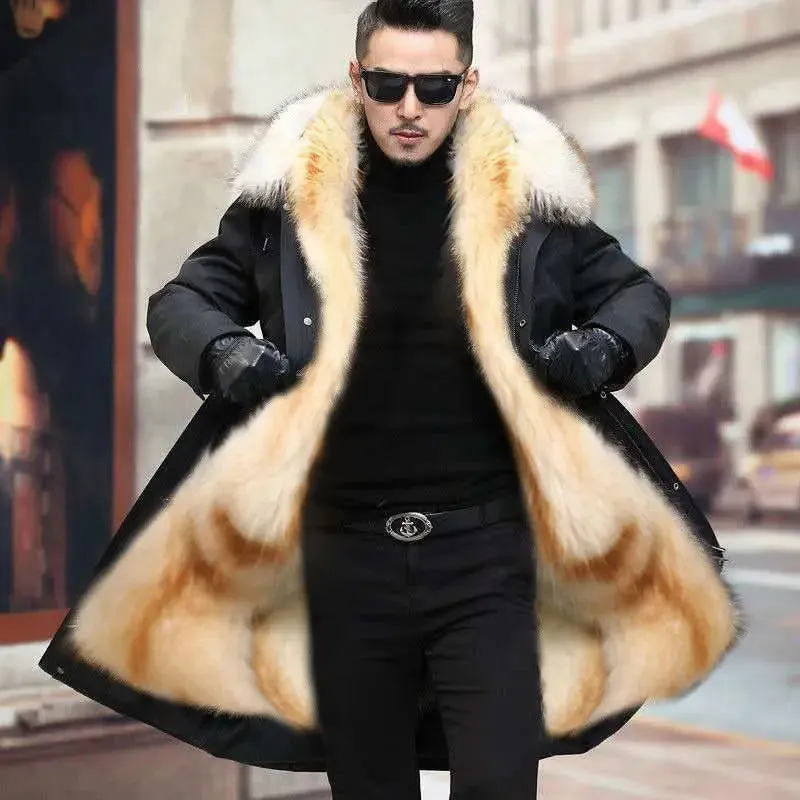 HANZANGL Men's Fur Coat 2022 Winter High Quality Fashion With Fur Hooded Lined Thick Warm Parkas Outerwear Mid-length With Long