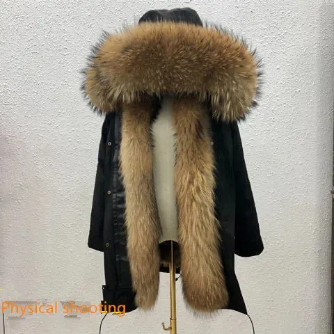 HANZANGL Men's Fur Coat 2022 Winter High Quality Fashion With Fur Hooded Lined Thick Warm Parkas Outerwear Mid-length With Long