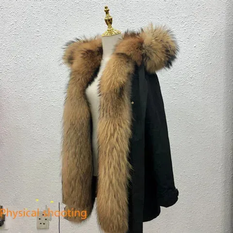 HANZANGL Men's Fur Coat 2022 Winter High Quality Fashion With Fur Hooded Lined Thick Warm Parkas Outerwear Mid-length With Long