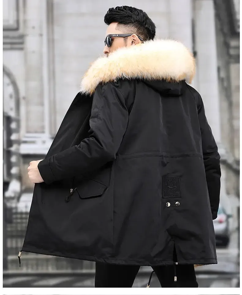 HANZANGL Men's Fur Coat 2022 Winter High Quality Fashion With Fur Hooded Lined Thick Warm Parkas Outerwear Mid-length With Long