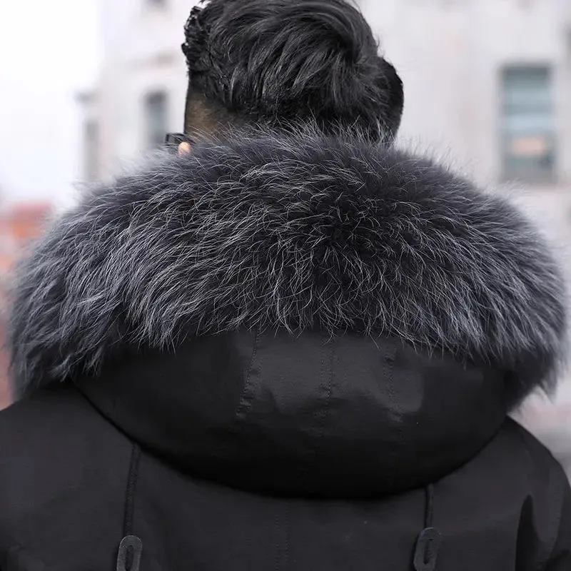 HANZANGL Men's Fur Coat 2022 Winter High Quality Fashion With Fur Hooded Lined Thick Warm Parkas Outerwear Mid-length With Long