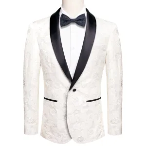 Hi-Tie Black Shawl Lapel Wedding White Suit Pure White Floral Mens Top