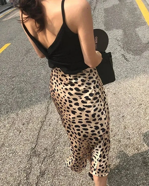 Leopard Print 100% Silk Midi Skirts