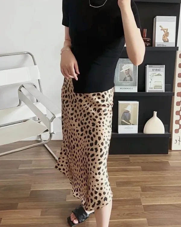 Leopard Print 100% Silk Midi Skirts