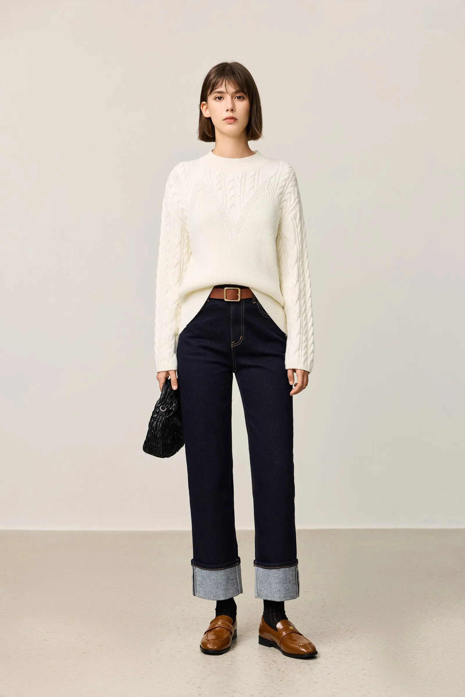 LILY Warm Cable Texture White Crewneck Sweater