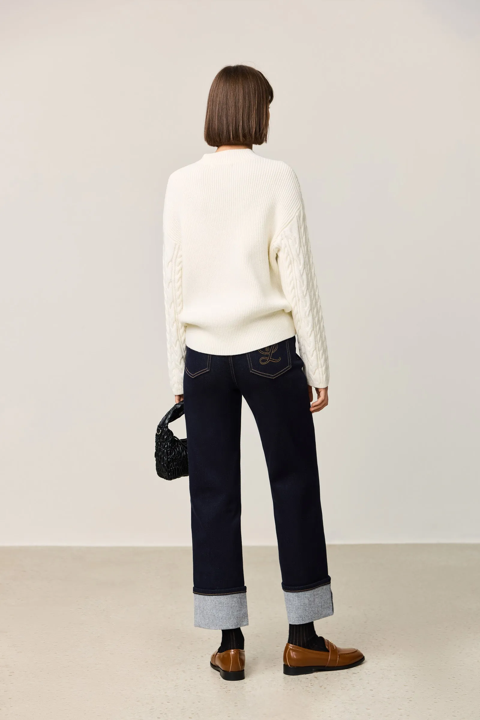 LILY Warm Cable Texture White Crewneck Sweater