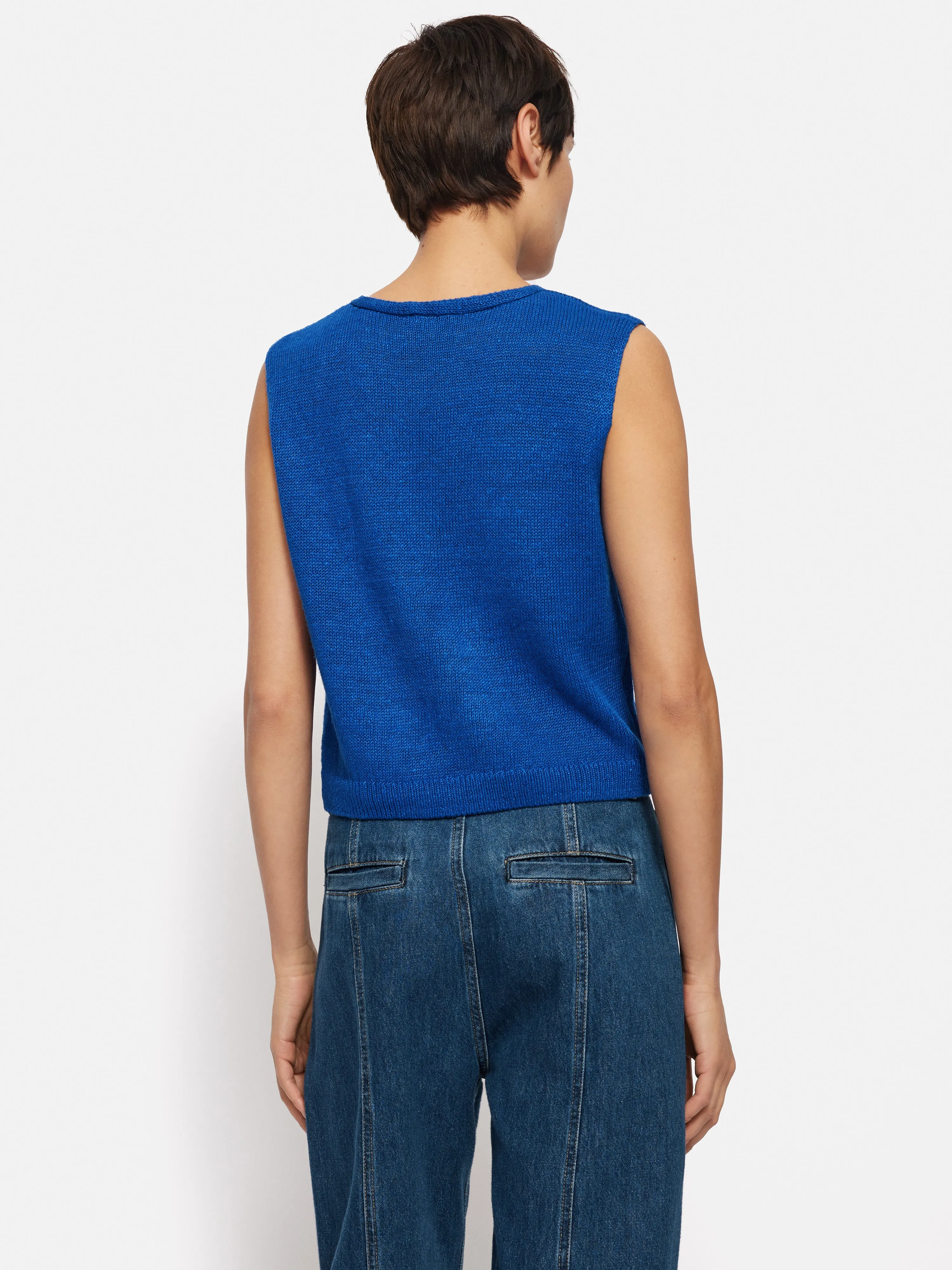 Linen Slub Cropped V Tank Top | Blue