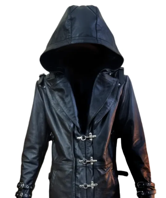 Mens Genuine Leather Long Coat Gothic Matrix Steampunk Style Hooded Trench Coat - JT32